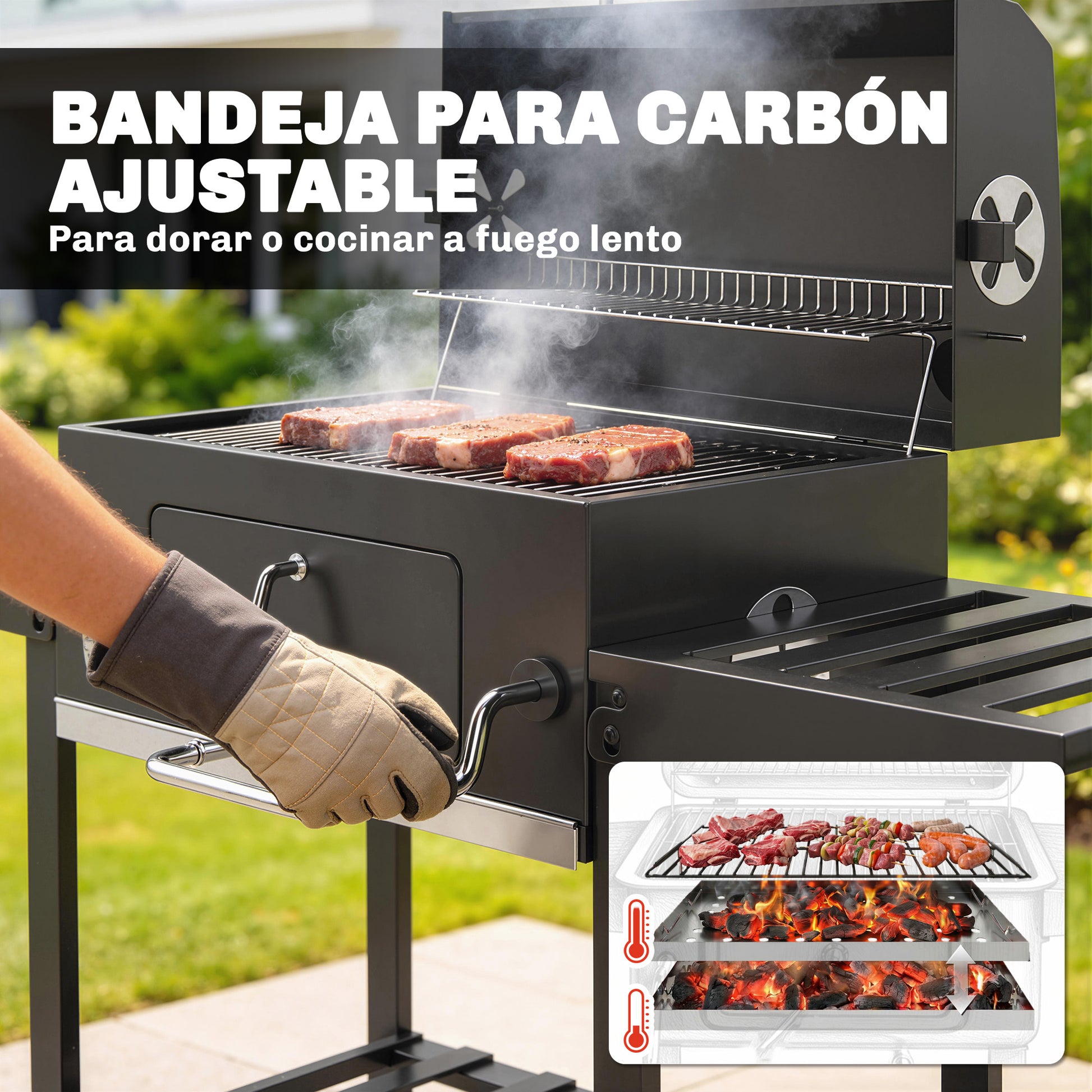 Outsunny Barbacoa de Carbón Portátil, Barbacoa de Carbón Móvil con Bandeja Ajustable, Estantes Plegables, Termómetro, Tapa, Chimenea, Ventilaciones, Cajón de Cenizas, Ruedas, Cesta Lateral, Asa, Negro