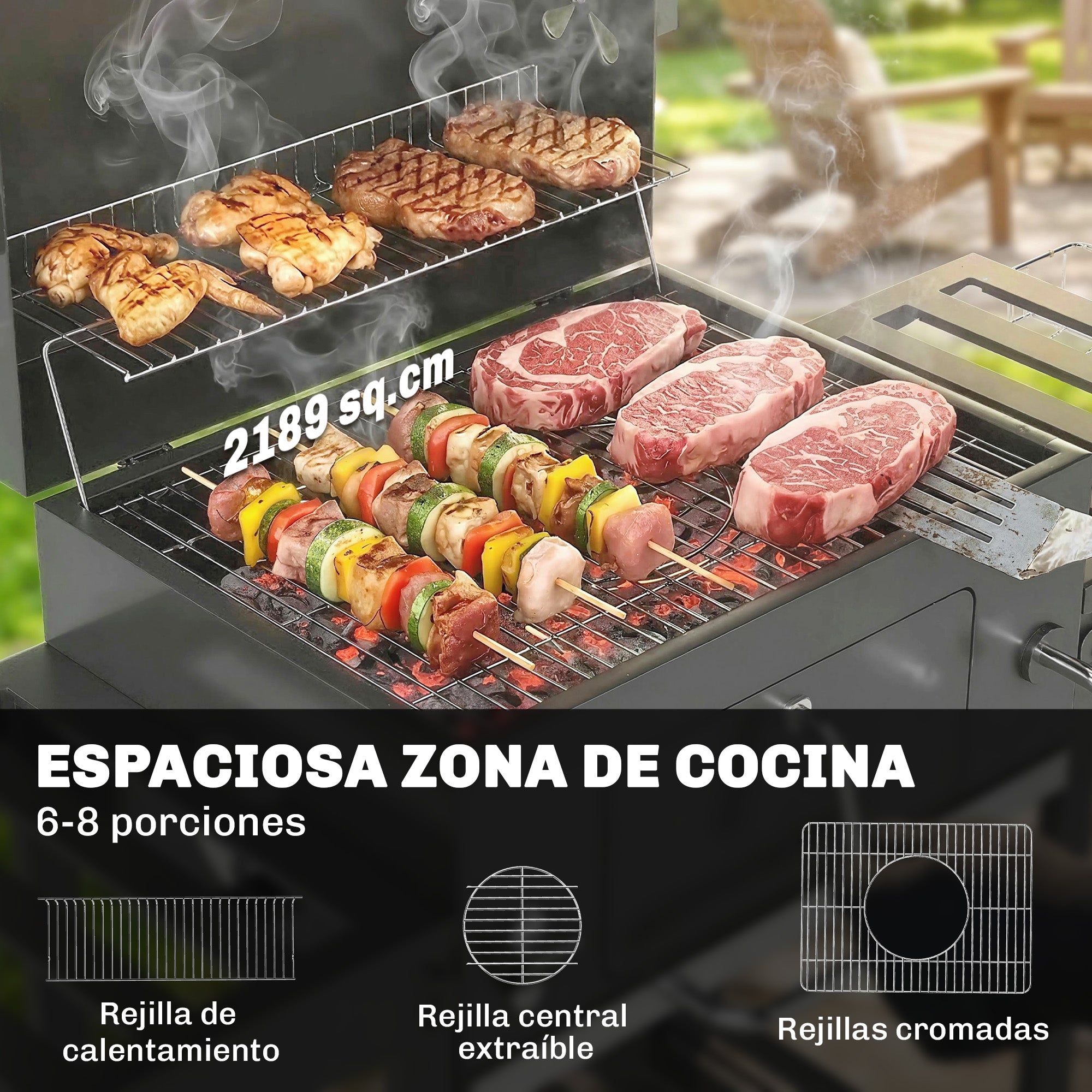 Outsunny Barbacoa de Carbón Portátil, Barbacoa de Carbón Móvil con Bandeja Ajustable, Estantes Plegables, Termómetro, Tapa, Chimenea, Ventilaciones, Cajón de Cenizas, Ruedas, Cesta Lateral, Asa, Negro