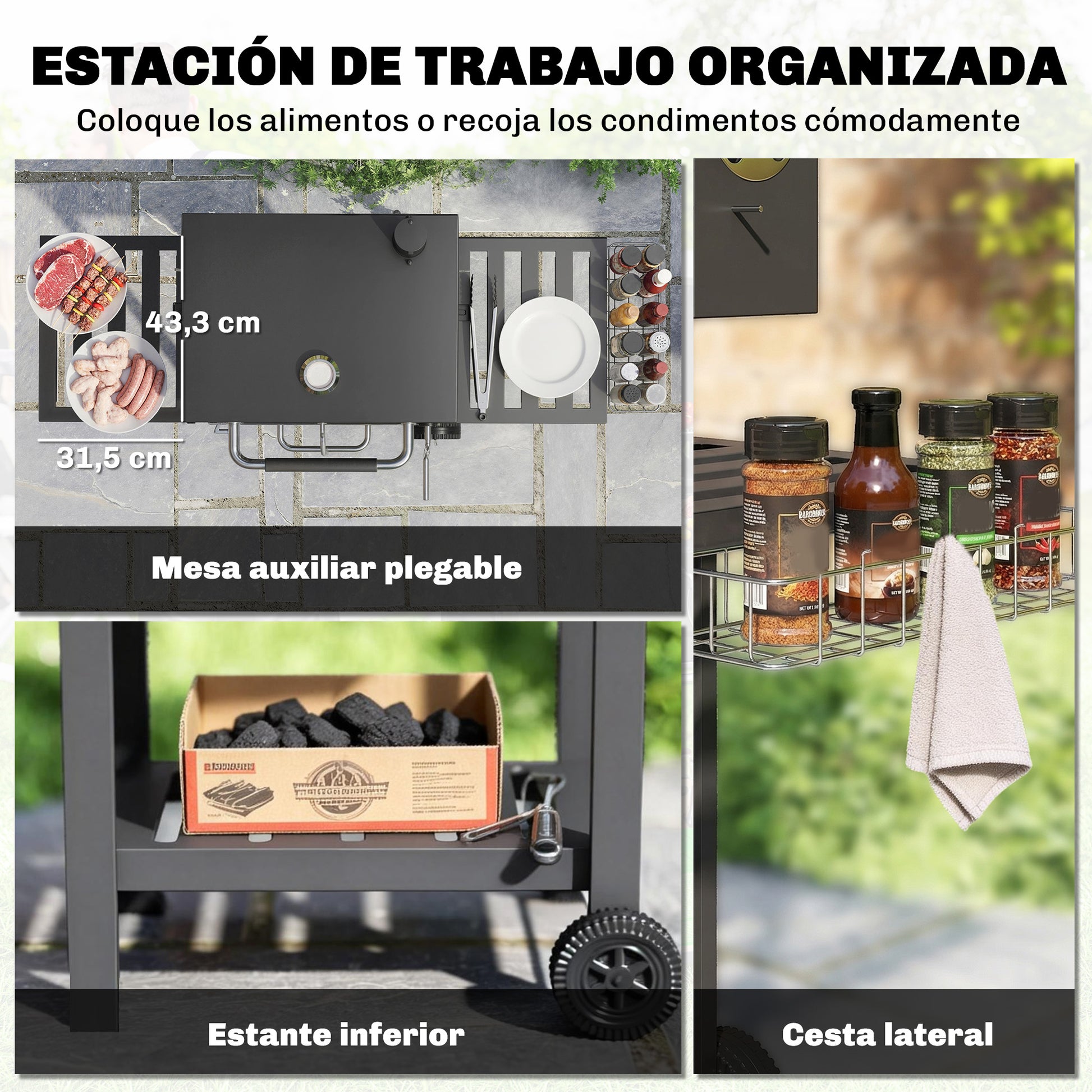 Outsunny Barbacoa de Carbón Portátil, Barbacoa de Carbón Móvil con Bandeja Ajustable, Estantes Plegables, Termómetro, Tapa, Chimenea, Ventilaciones, Cajón de Cenizas, Ruedas, Cesta Lateral, Asa, Negro