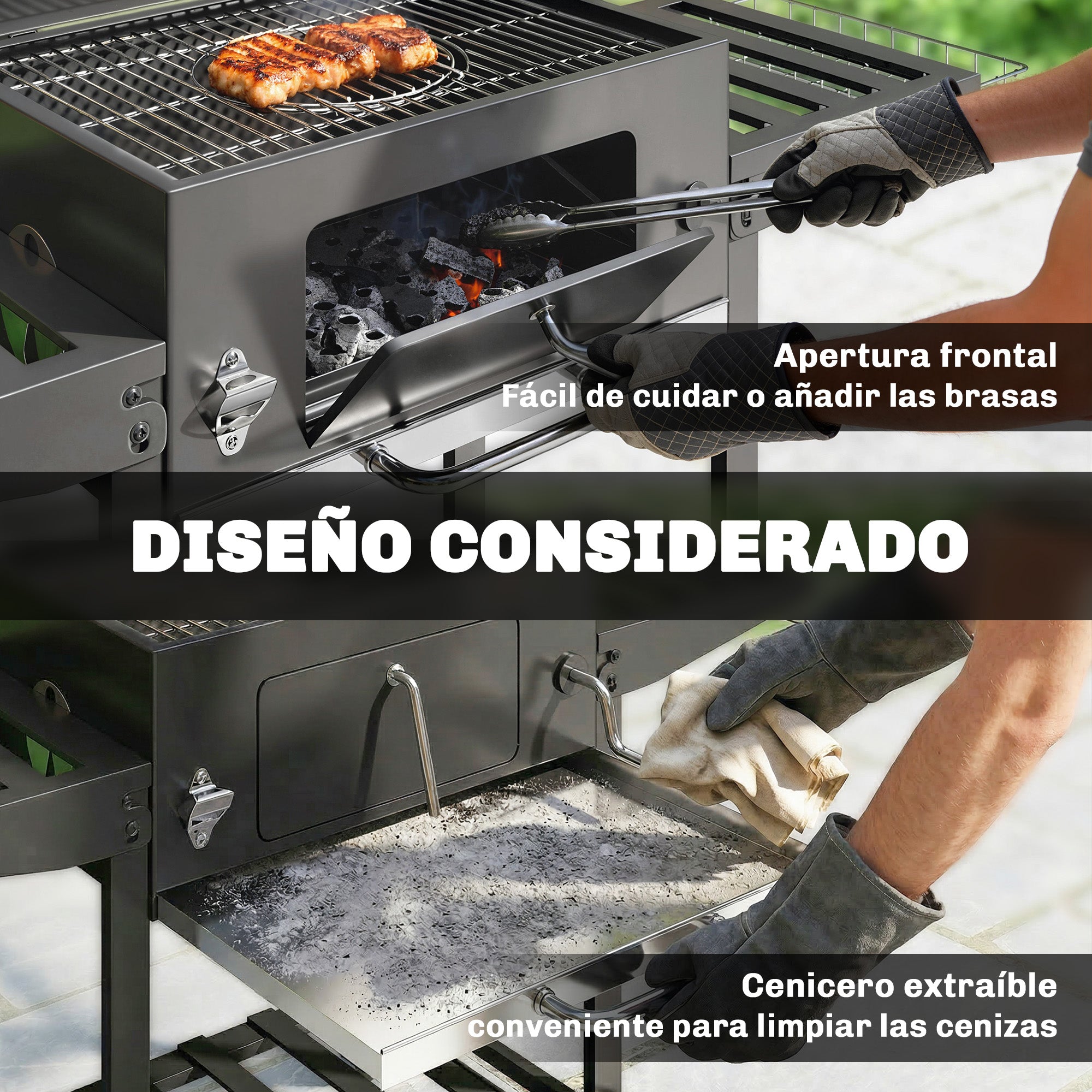 Outsunny Barbacoa de Carbón Portátil, Barbacoa de Carbón Móvil con Bandeja Ajustable, Estantes Plegables, Termómetro, Tapa, Chimenea, Ventilaciones, Cajón de Cenizas, Ruedas, Cesta Lateral, Asa, Negro