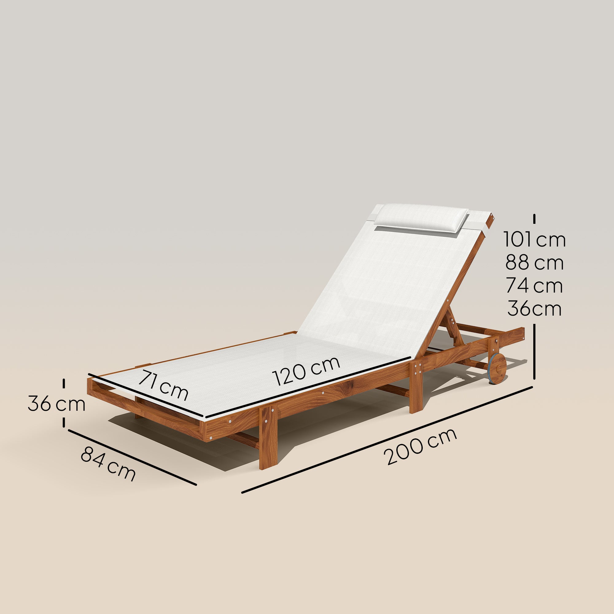 Outsunny Tumbona Reclinable de Madera con Ruedas Tumbona Jardín Exterior con Respaldo Ajustable en 4 Niveles y Reposacabezas Carga 120 kg para Patio Terraza Balcón 200x84x101 cm Blanca y Teca