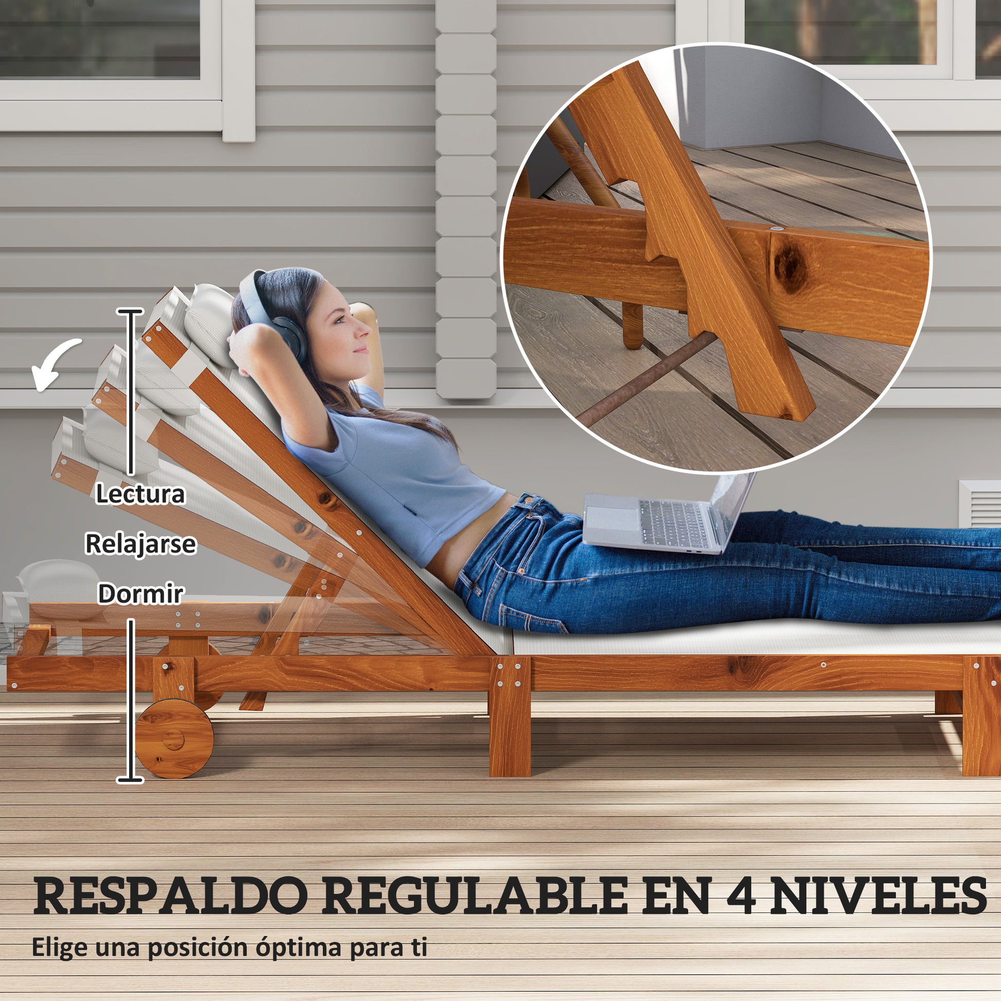 Outsunny Tumbona Reclinable de Madera con Ruedas Tumbona Jardín Exterior con Respaldo Ajustable en 4 Niveles y Reposacabezas Carga 120 kg para Patio Terraza Balcón 200x84x101 cm Blanca y Teca