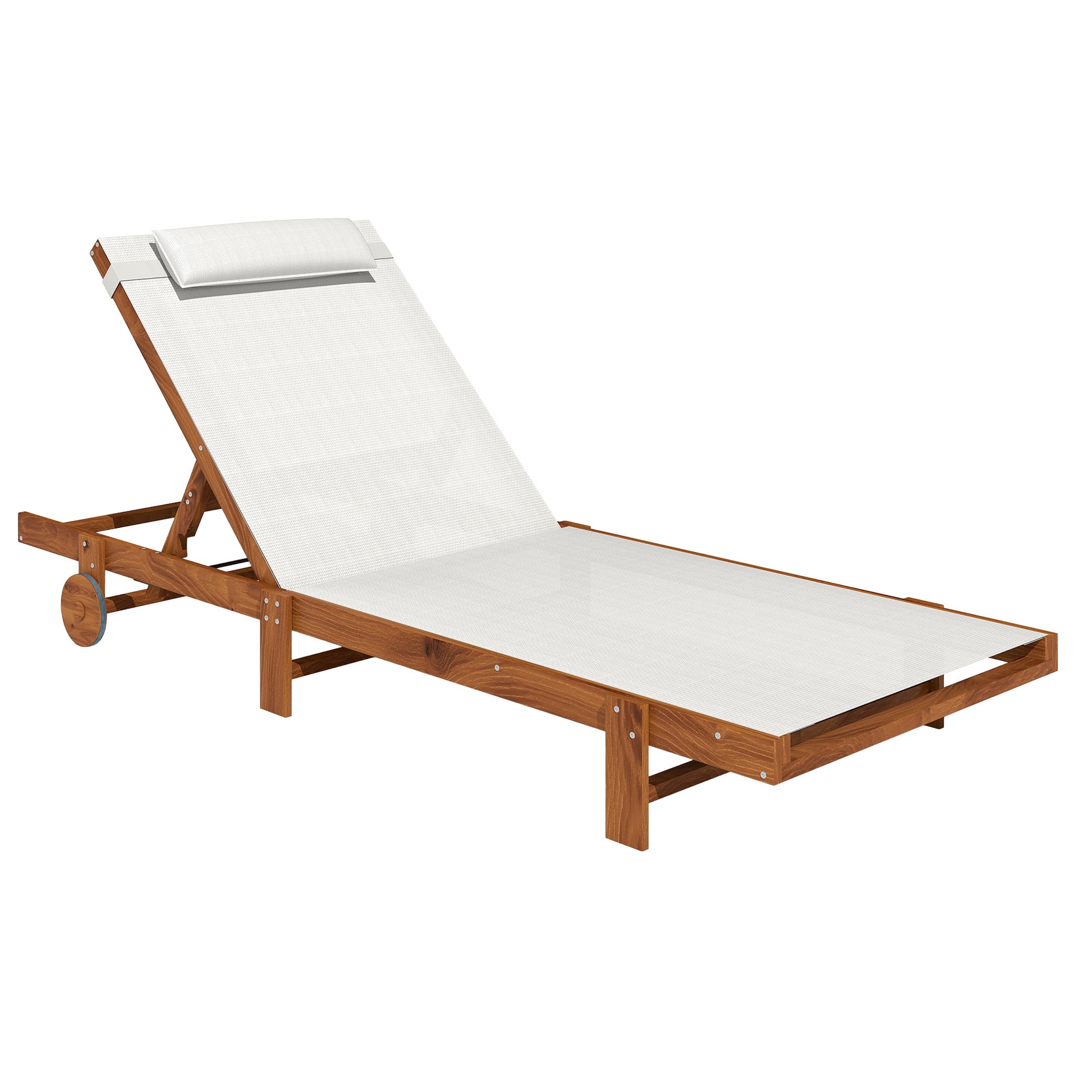 Outsunny Tumbona Reclinable de Madera con Ruedas Tumbona Jardín Exterior con Respaldo Ajustable en 4 Niveles y Reposacabezas Carga 120 kg para Patio Terraza Balcón 200x84x101 cm Blanca y Teca