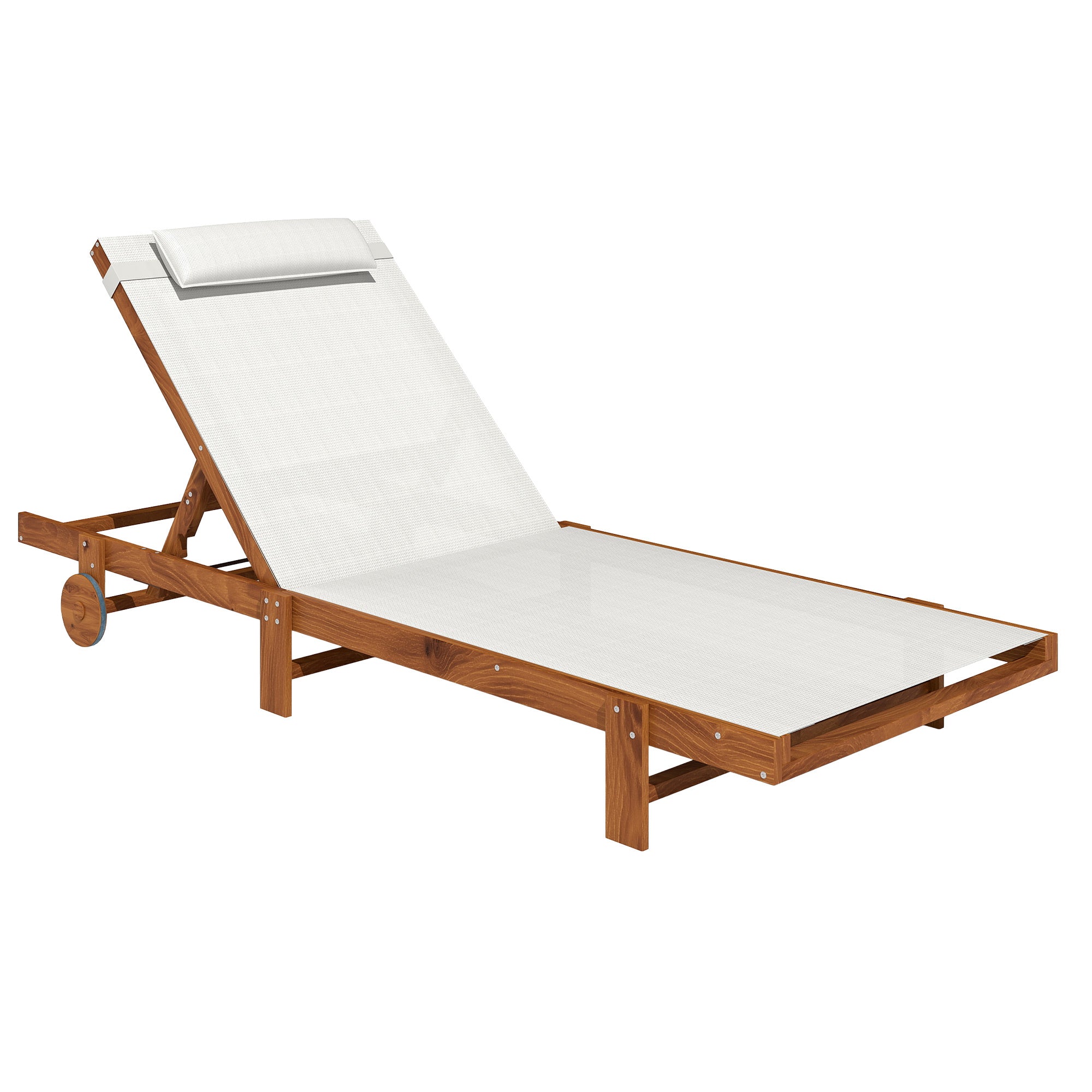 Outsunny Tumbona Reclinable de Madera con Ruedas Tumbona Jardín Exterior con Respaldo Ajustable en 4 Niveles y Reposacabezas Carga 120 kg para Patio Terraza Balcón 200x84x101 cm Blanca y Teca