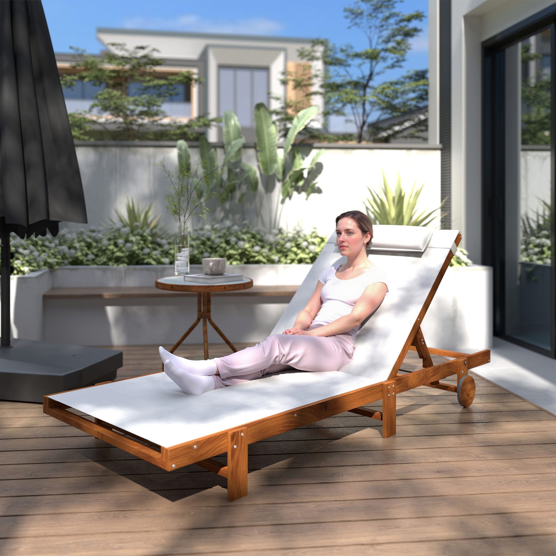 Outsunny Tumbona Reclinable de Madera con Ruedas Tumbona Jardín Exterior con Respaldo Ajustable en 4 Niveles y Reposacabezas Carga 120 kg para Patio Terraza Balcón 200x84x101 cm Blanca y Teca