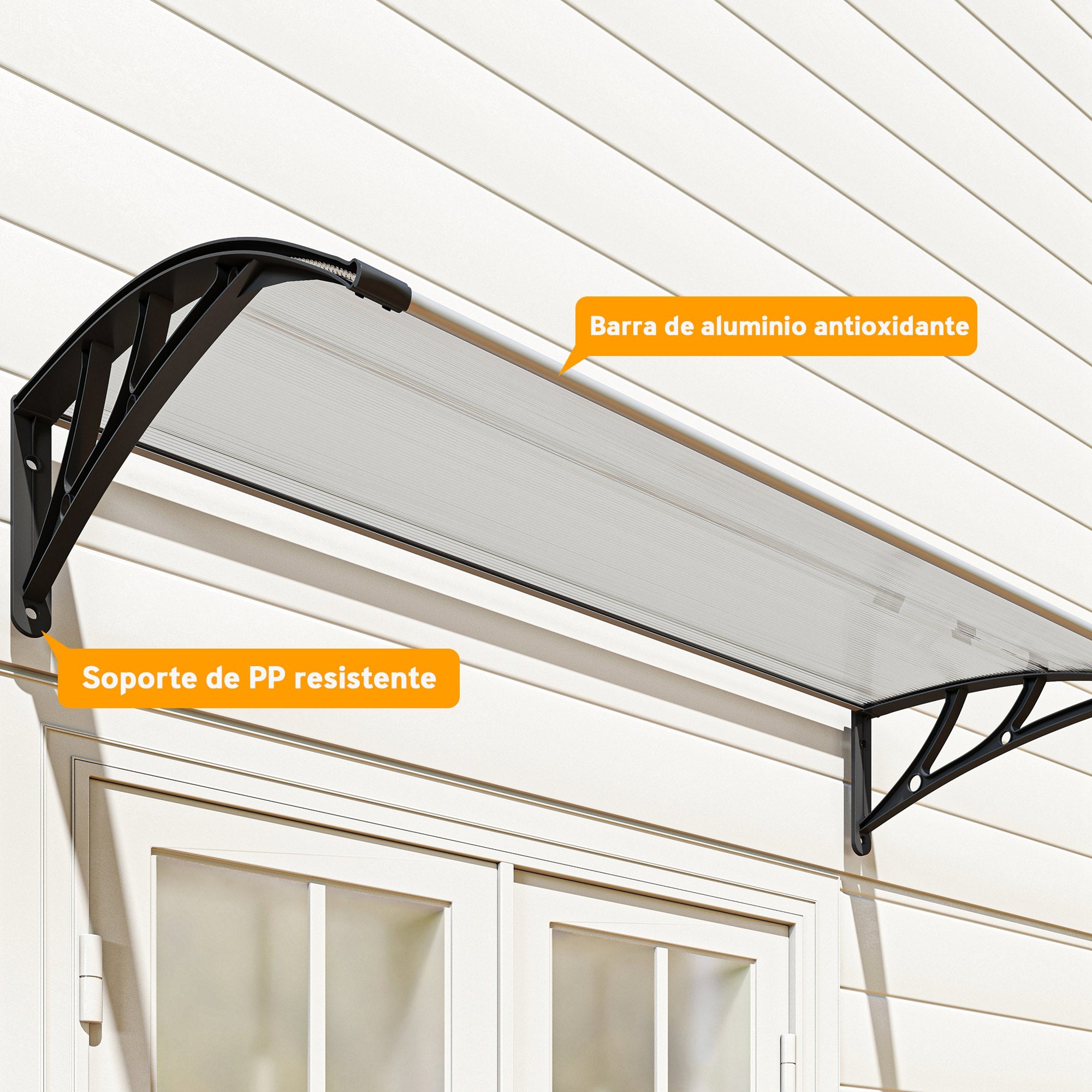Outsunny Marquesinas Exterior para Puertas y Ventanas, 110x60 cm, Tejadillo de Protección contra Sol y Lluvia, con Cubierta de Policarbonato, Soportes de PP y Regleta de Aluminio, Negro y Transparente
