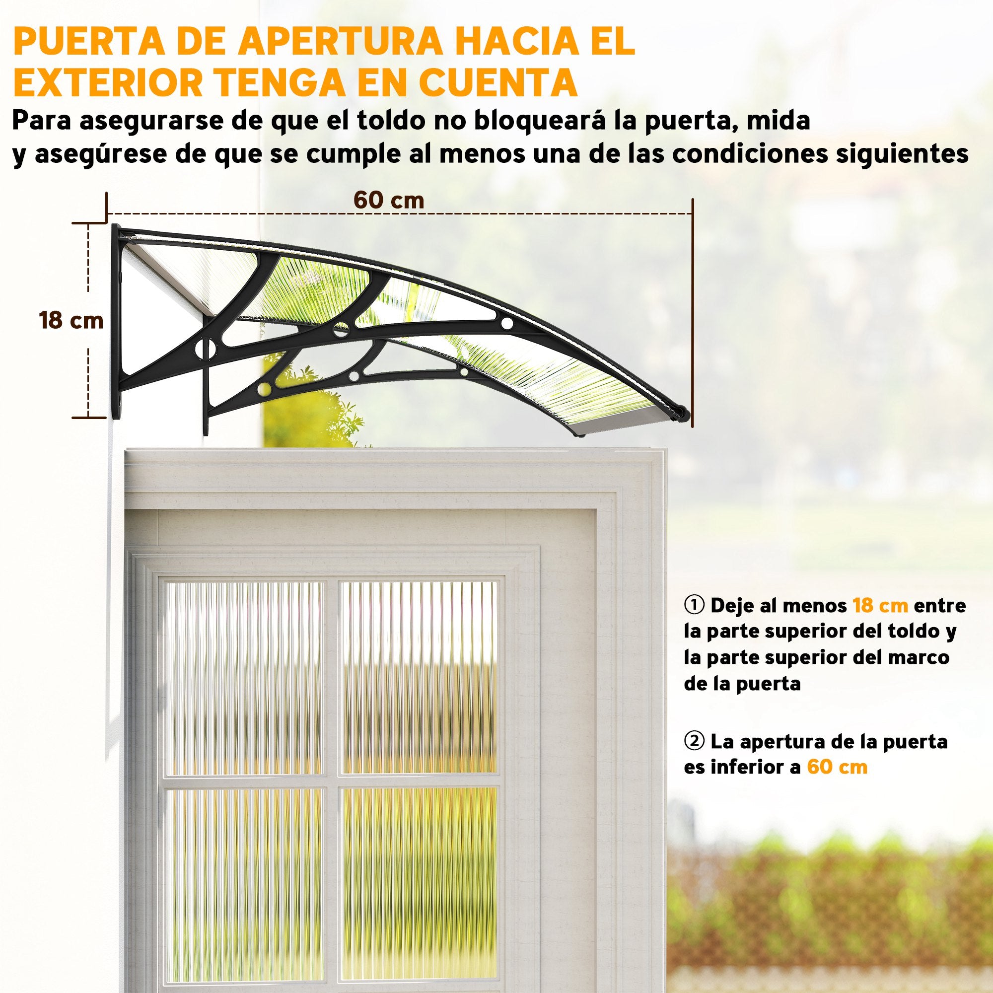 Outsunny Marquesinas Exterior para Puertas y Ventanas, 110x60 cm, Tejadillo de Protección contra Sol y Lluvia, con Cubierta de Policarbonato, Soportes de PP y Regleta de Aluminio, Negro y Transparente