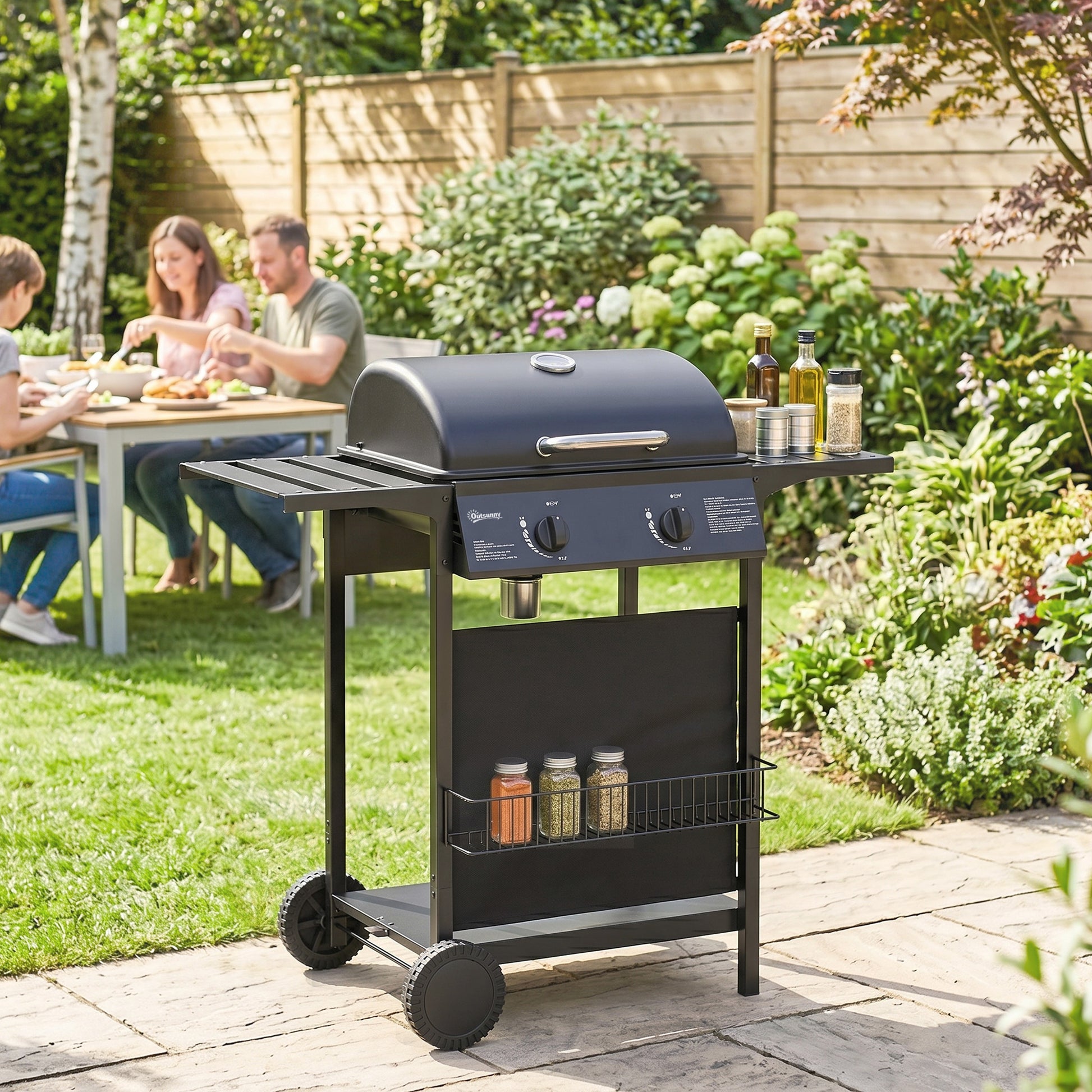 Outsunny Barbacoa de Gas BBQ Gas con 2 Quemadores 5 kW, Barbacoa Portátil con Termómetro, Mesas Laterales, Estante, Rejilla Calentadora, Encendido Piezoeléctrico, Bandeja de Grasa y 2 Ruedas, Negro