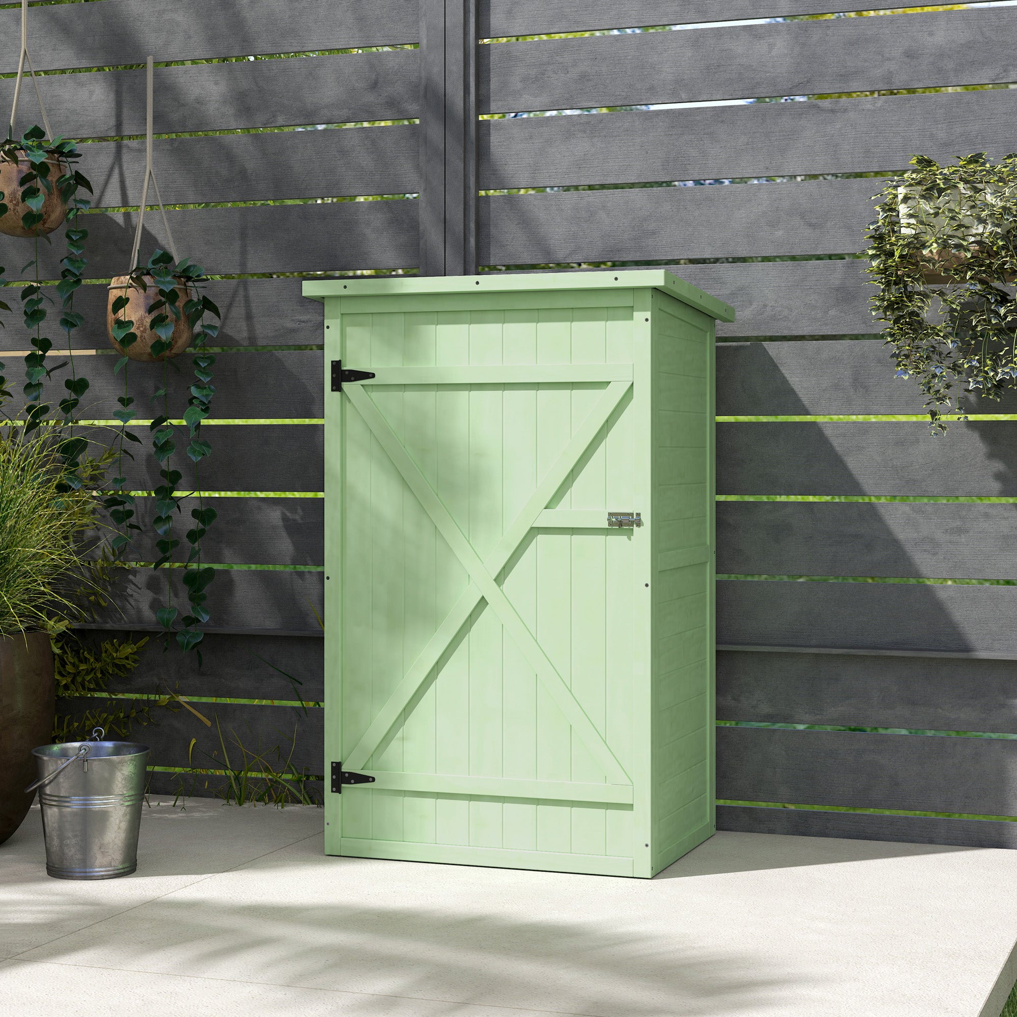 Outsunny Caseta de Jardín de Madera 75x56x115 cm Armario Cobertizo de Exterior para Herramientas con 3 Estantes Interiores Puerta con Pestillo y Techo Asfáltico Verde