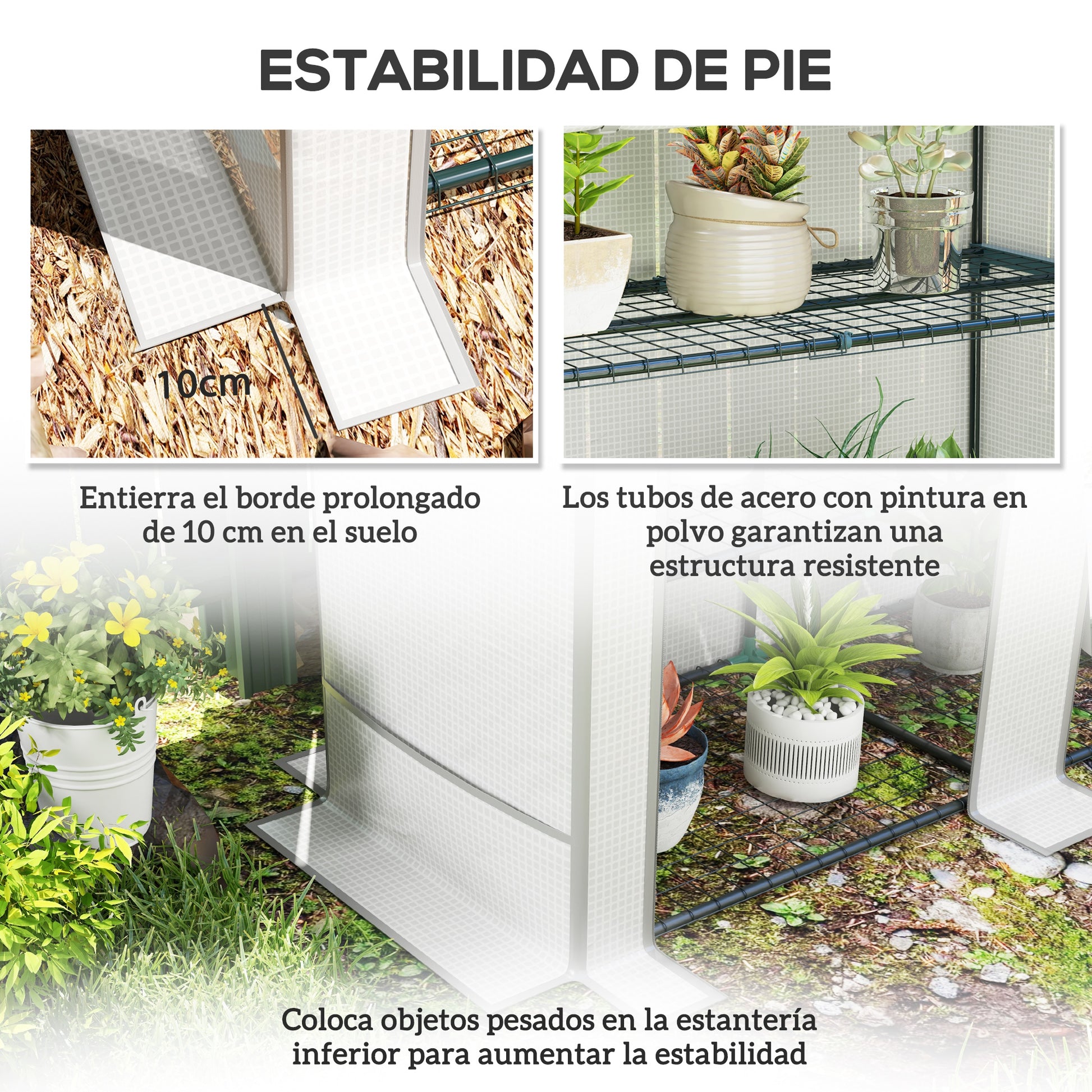 Outsunny Invernadero de Exterior con Techo Inclinado Invernadero Pequeño con 3 Estantes 2 Puertas Enrollables Cubierta de PE y Marco de Acero para Cultivos Plantas Flores 144x48x152 cm Blanco