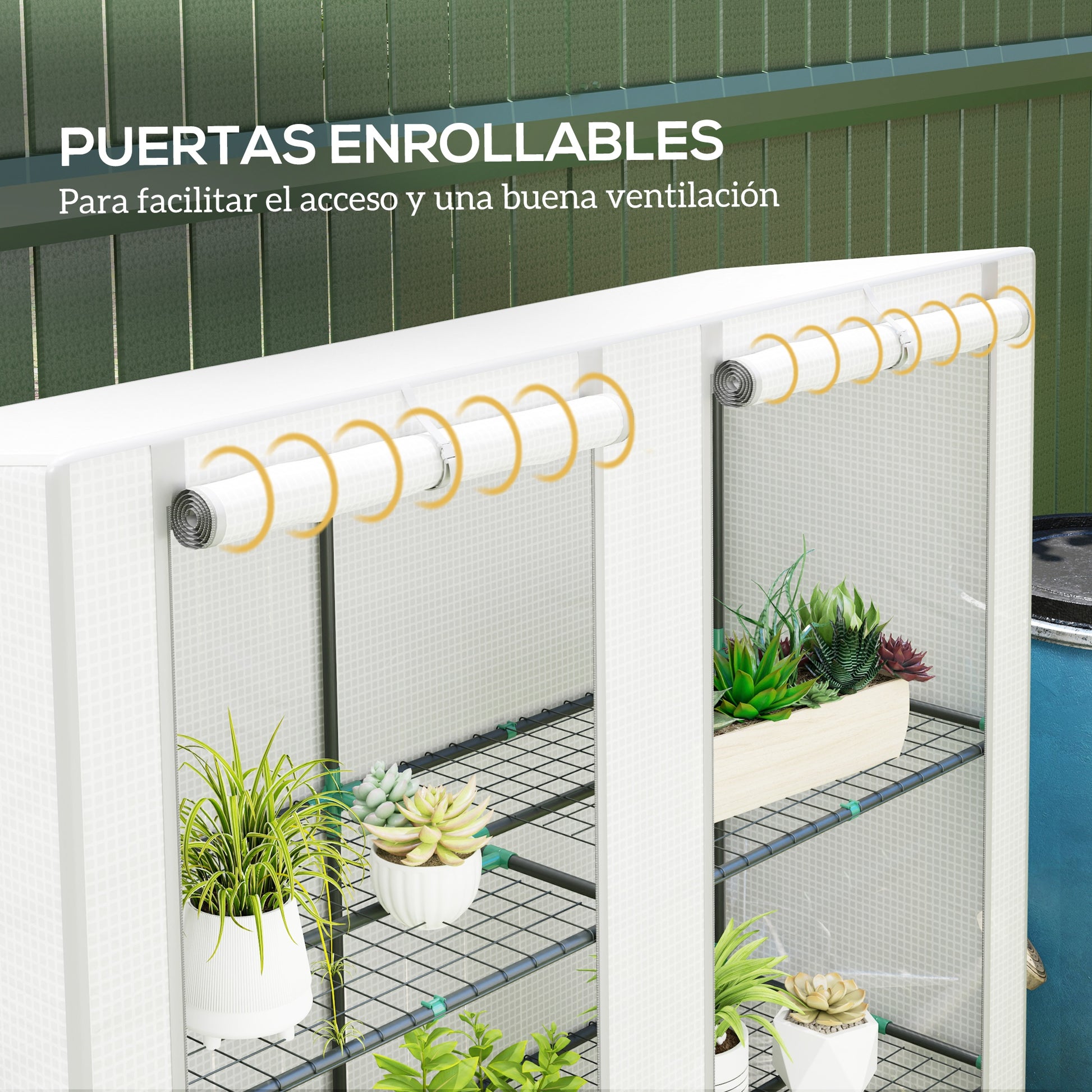 Outsunny Invernadero de Exterior con Techo Inclinado Invernadero Pequeño con 3 Estantes 2 Puertas Enrollables Cubierta de PE y Marco de Acero para Cultivos Plantas Flores 144x48x152 cm Blanco