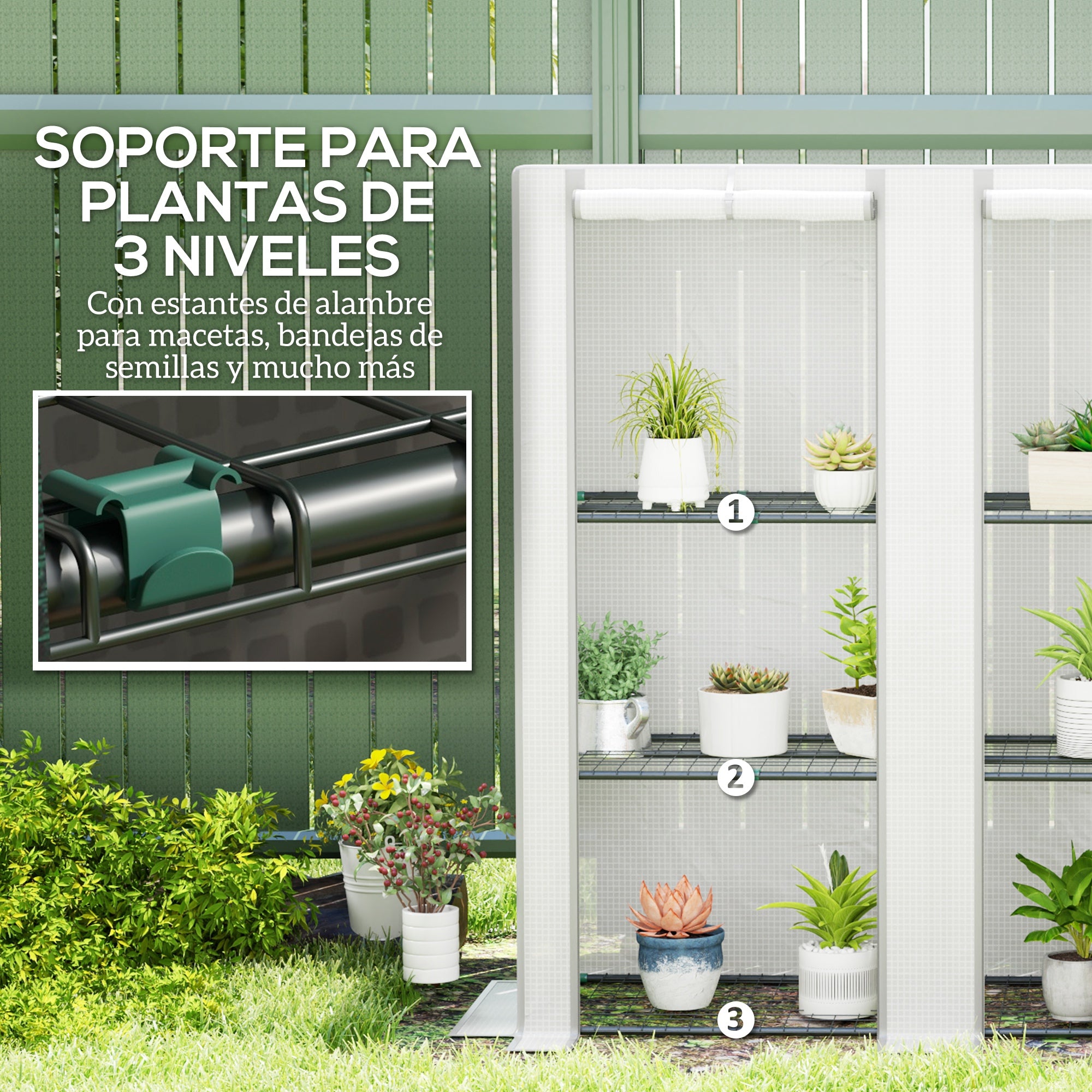 Outsunny Invernadero de Exterior con Techo Inclinado Invernadero Pequeño con 3 Estantes 2 Puertas Enrollables Cubierta de PE y Marco de Acero para Cultivos Plantas Flores 144x48x152 cm Blanco