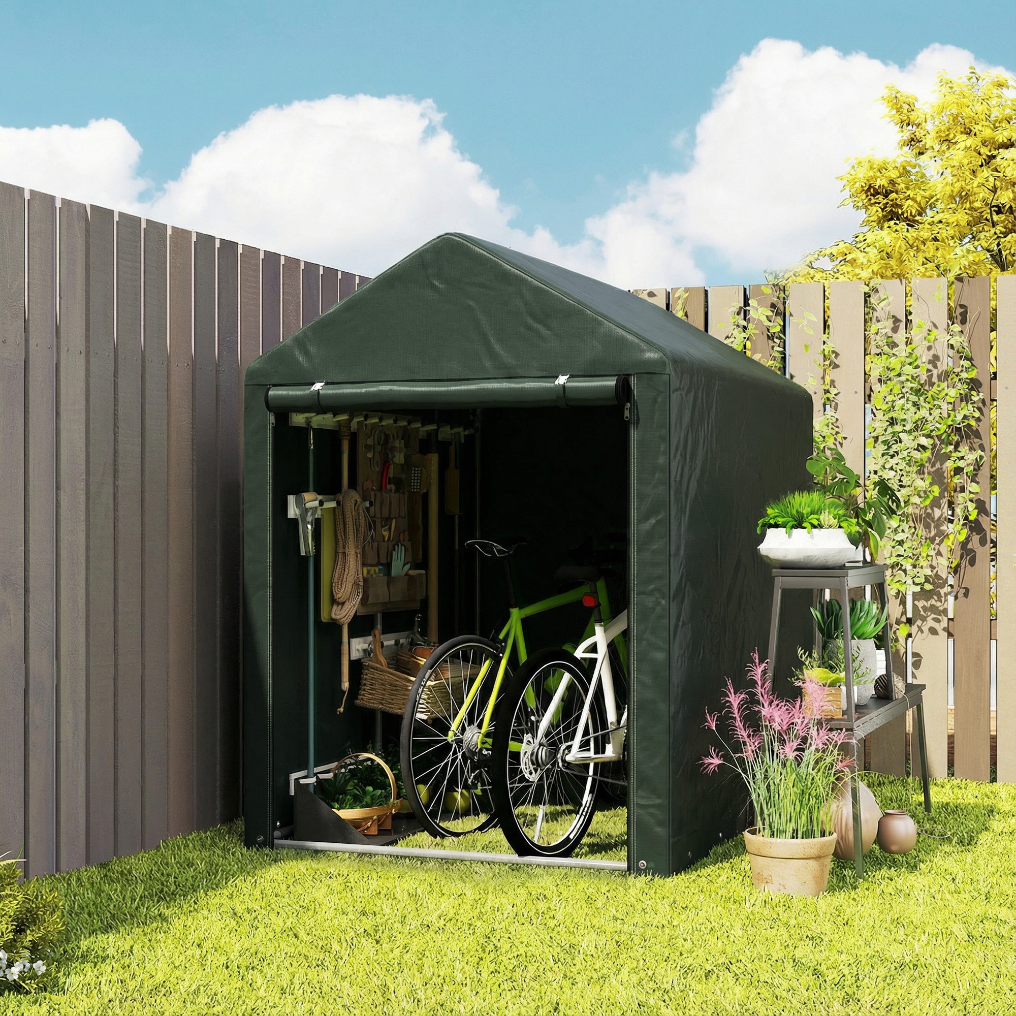 Outsunny Carpa de Jardín Exterior para Herramientas Bicicletas 1,2x1,8x1,65 m, Cobertizo Exterior con 2 Habitaciones, Puerta Enrollable con Cremallera, Impermeable Anti-UV, Garaje Portátil, Verde
