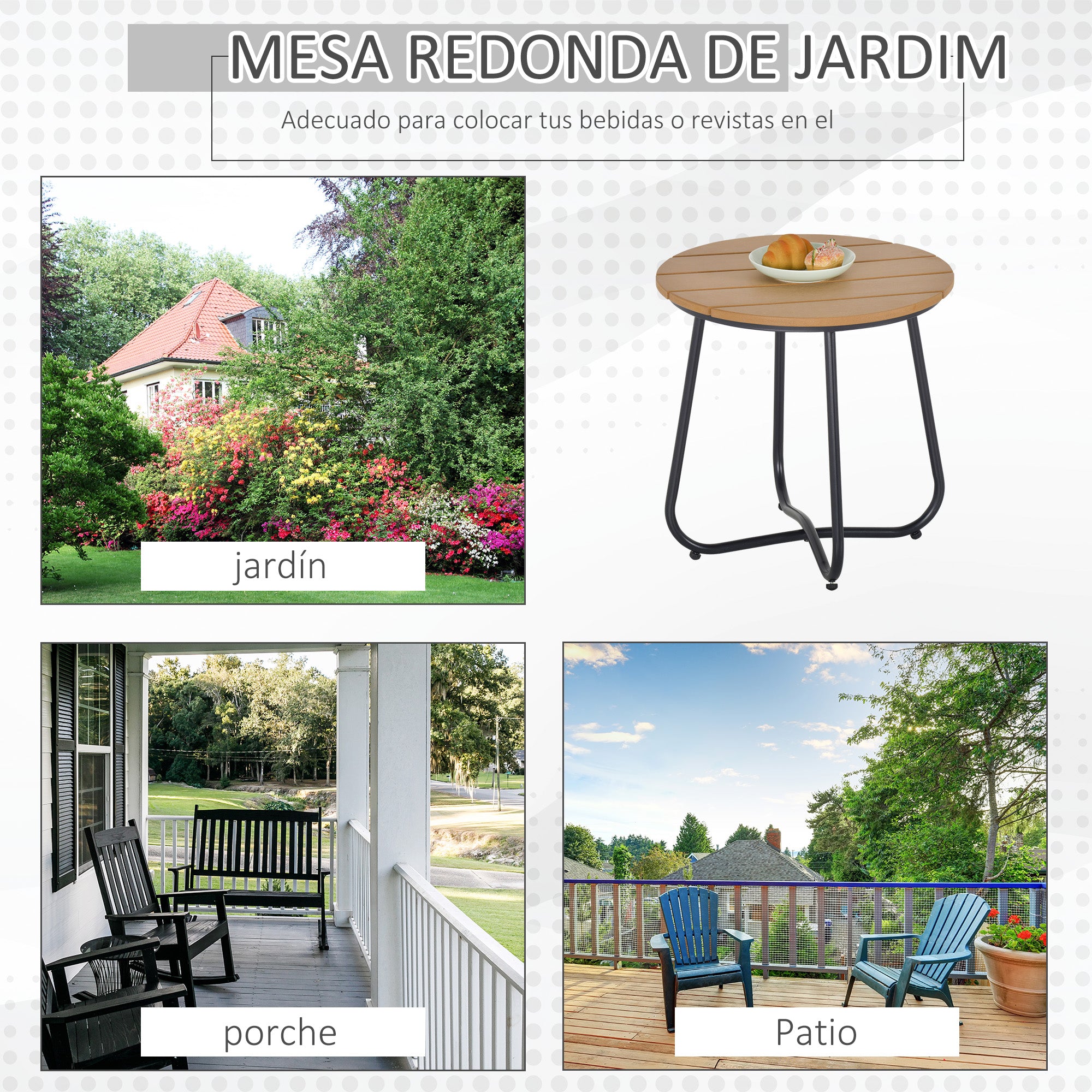 Outsunny Mesa Auxiliar Redonda Mesa de Jardín Exterior con Diseño de Listones y Patas Ajustables Mesa para Exterior Terraza Patio Ø49x48 cm Natural y Negro