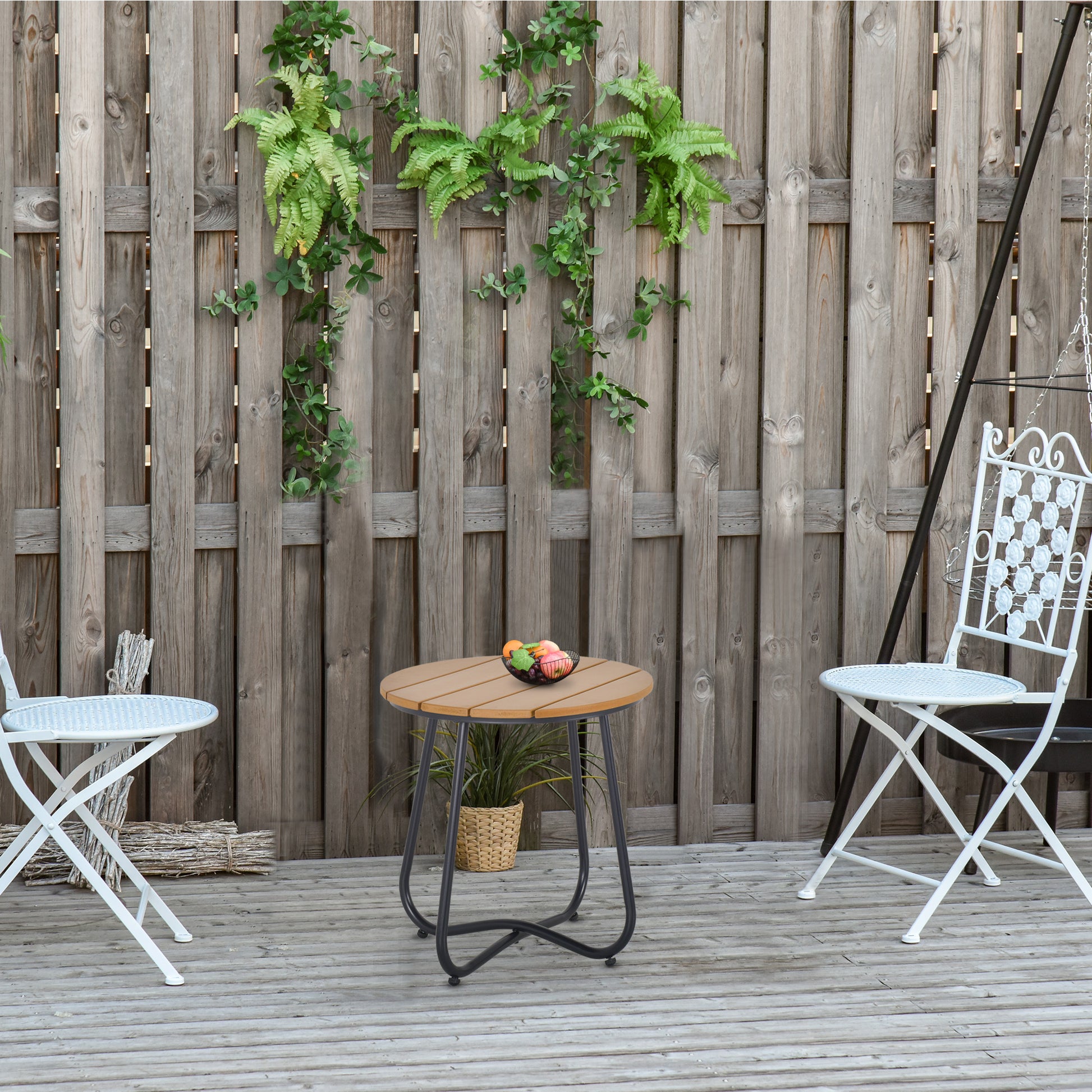 Outsunny Mesa Auxiliar Redonda Mesa de Jardín Exterior con Diseño de Listones y Patas Ajustables Mesa para Exterior Terraza Patio Ø49x48 cm Natural y Negro