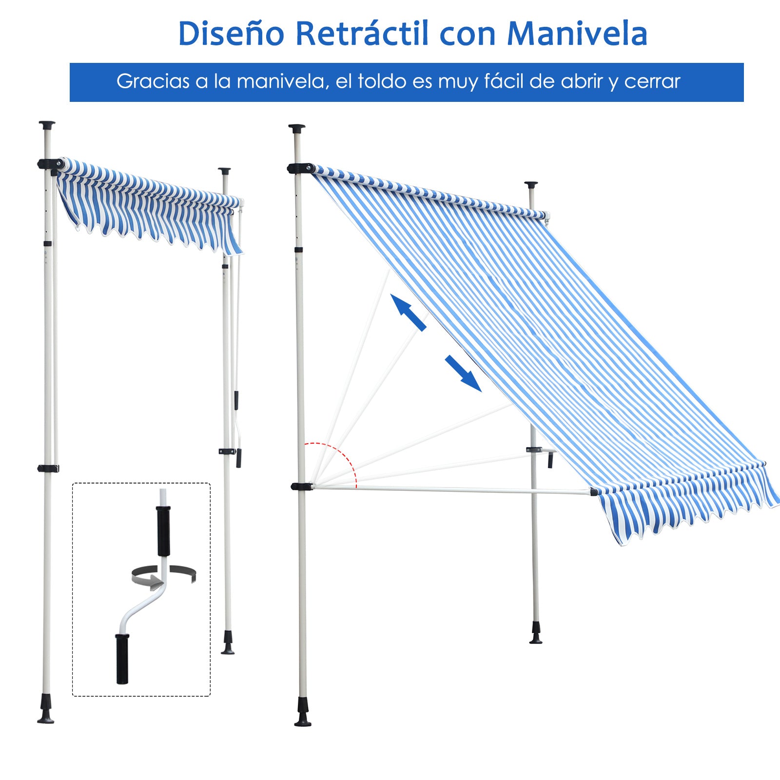 Toldo Plegable Ventana Exterior Montando en La Pared para Jardín Patio Piscina Balcón Extensible Altura Regulable en 4 Niveles con Manivela Instalación fácil 197x250x200/300cm Azul y Blanco