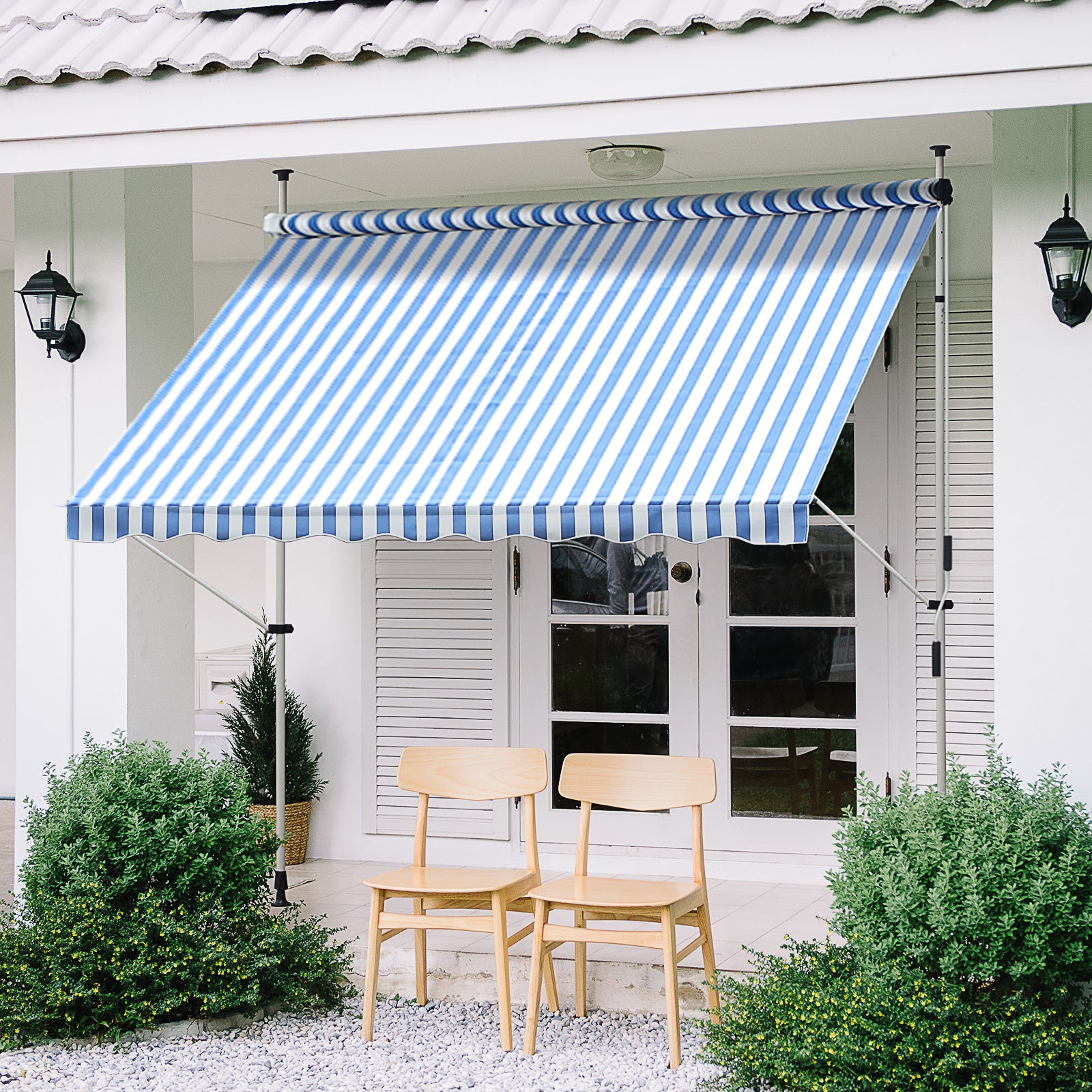 Toldo Plegable Ventana Exterior Montando en La Pared para Jardín Patio Piscina Balcón Extensible Altura Regulable en 4 Niveles con Manivela Instalación fácil 197x250x200/300cm Azul y Blanco