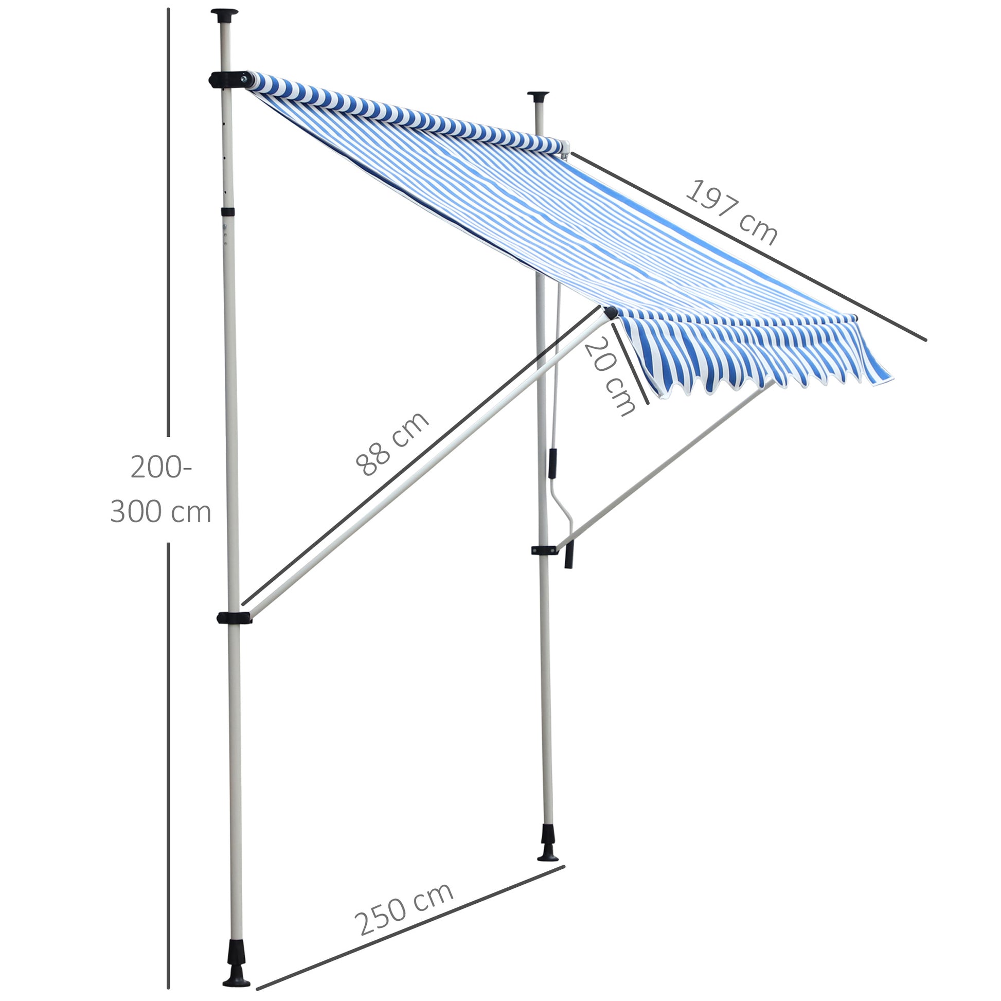 Toldo Plegable Ventana Exterior Montando en La Pared para Jardín Patio Piscina Balcón Extensible Altura Regulable en 4 Niveles con Manivela Instalación fácil 197x250x200/300cm Azul y Blanco