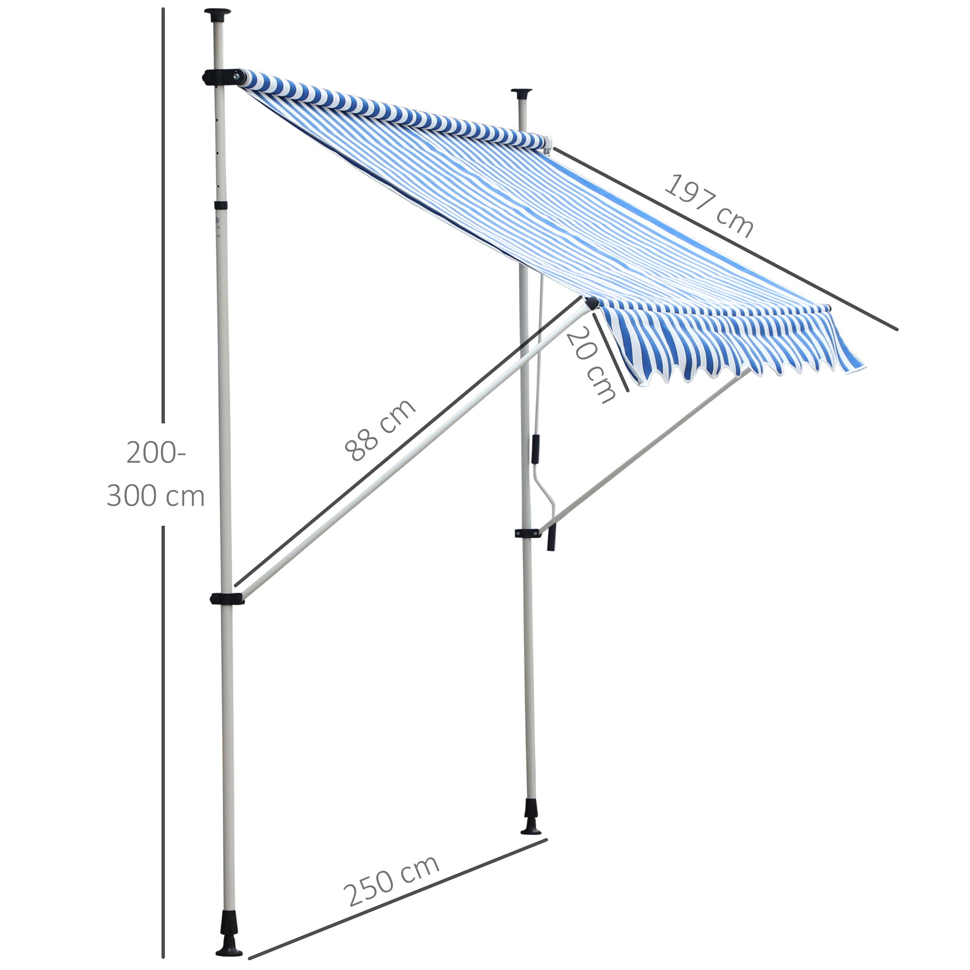 Toldo Plegable Ventana Exterior Montando en La Pared para Jardín Patio Piscina Balcón Extensible Altura Regulable en 4 Niveles con Manivela Instalación fácil 197x250x200/300cm Azul y Blanco