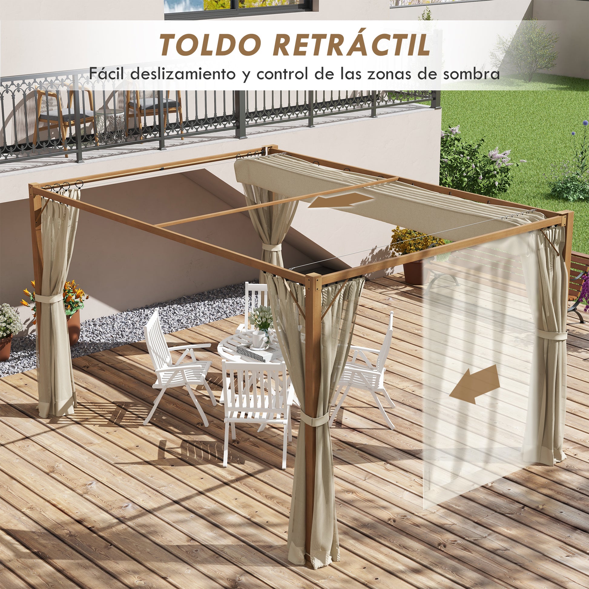 Outsunny Pérgola de Jardín 4x3 m con Marco de Aluminio Cenador para Exterior con Techo Retráctil Mosquiteras Laterales de Malla para Terraza Patio Natural