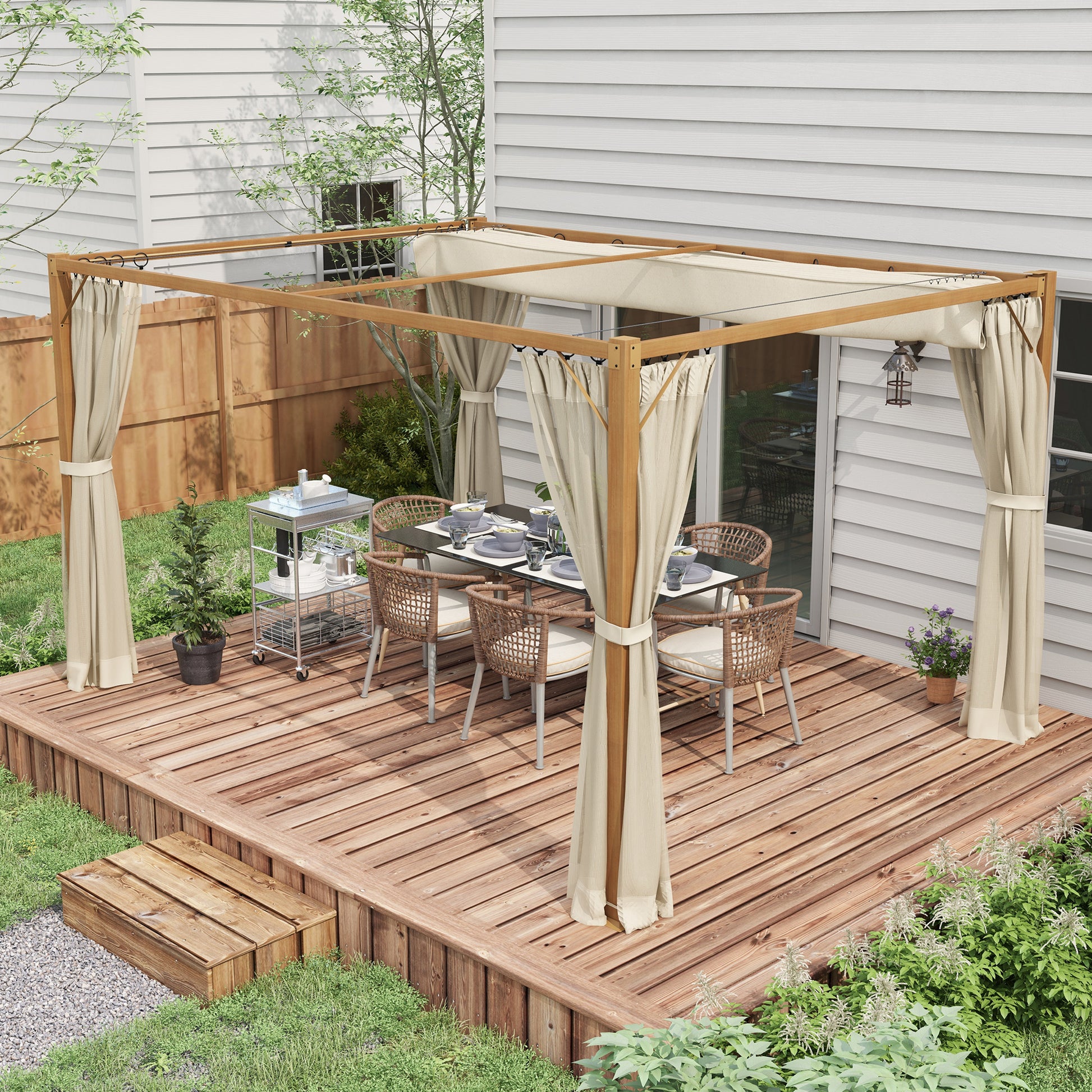 Outsunny Pérgola de Jardín 4x3 m con Marco de Aluminio Cenador para Exterior con Techo Retráctil Mosquiteras Laterales de Malla para Terraza Patio Natural