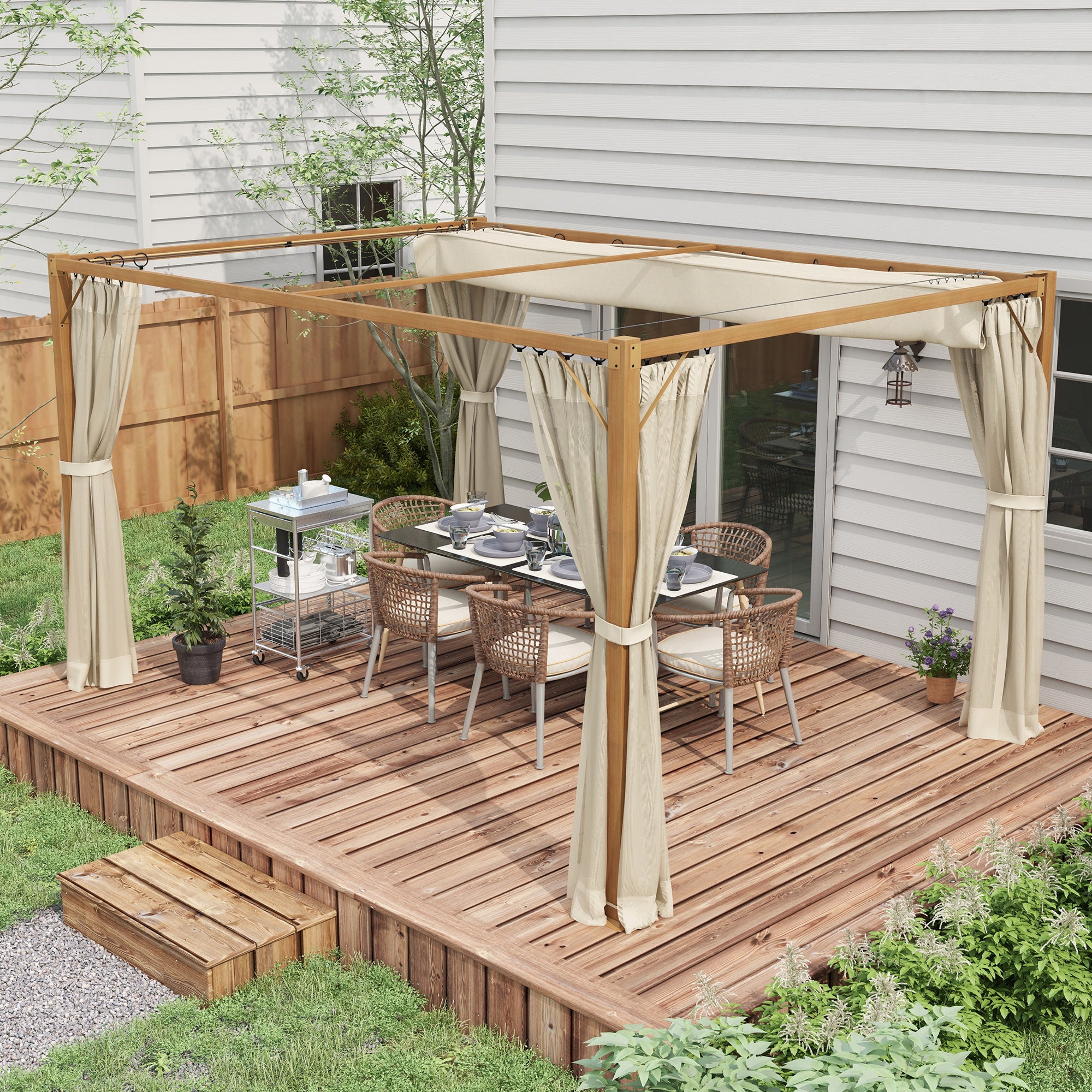 Outsunny Pérgola de Jardín 4x3 m con Marco de Aluminio Cenador para Exterior con Techo Retráctil Mosquiteras Laterales de Malla para Terraza Patio Natural