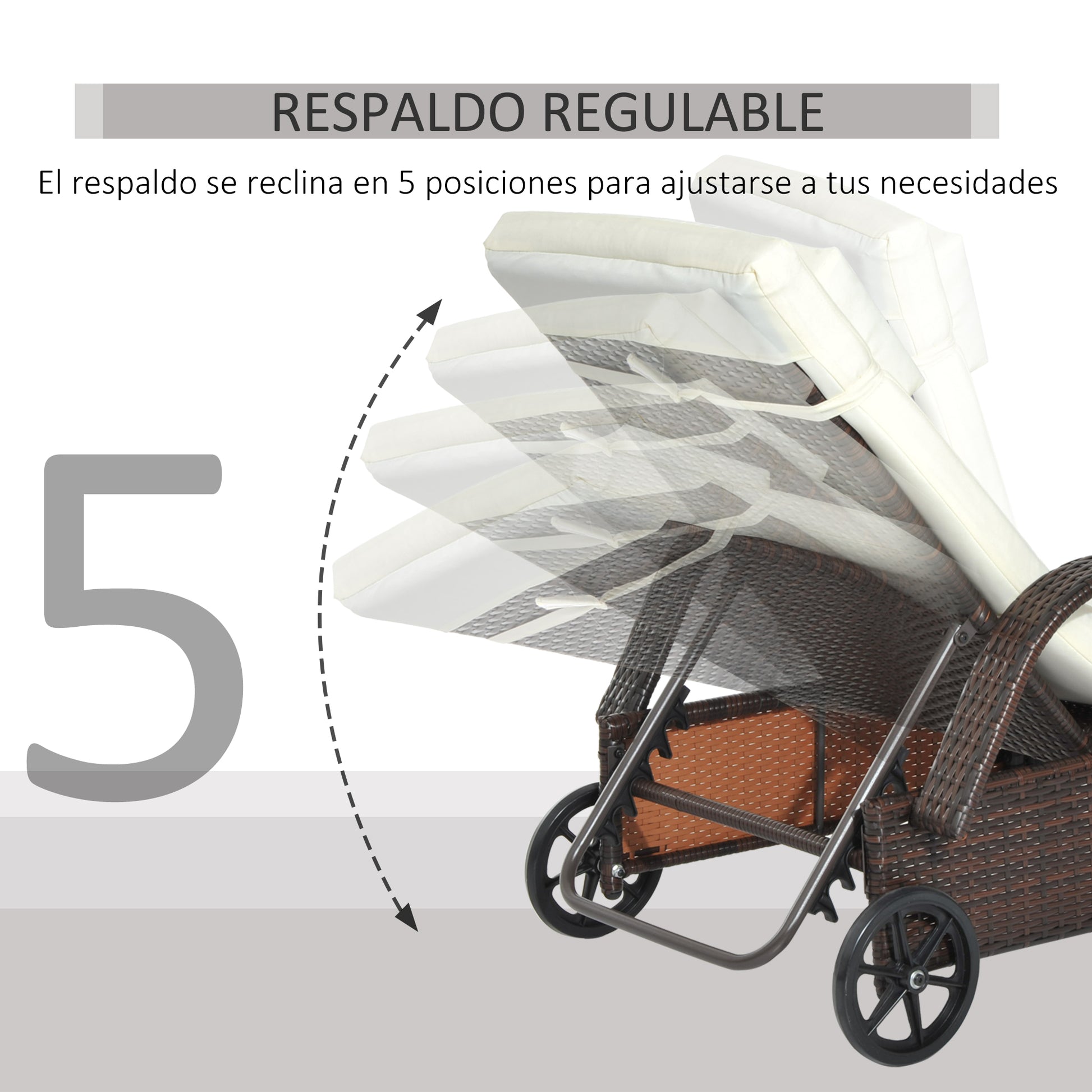 Outsunny Conjunto de 2 Tumbonas de Ratán de Jardín Chaise Longue con Respaldo Ajustable en 5 Posiciones Cojines Acolchados Reposacabezas y 2 Ruedas 200x73x56-103 cm Crema y Marrón