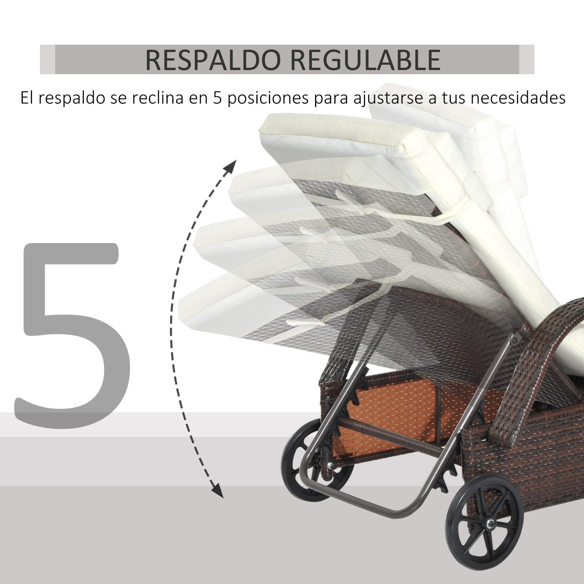 Outsunny Conjunto de 2 Tumbonas de Ratán de Jardín Chaise Longue con Respaldo Ajustable en 5 Posiciones Cojines Acolchados Reposacabezas y 2 Ruedas 200x73x56-103 cm Crema y Marrón