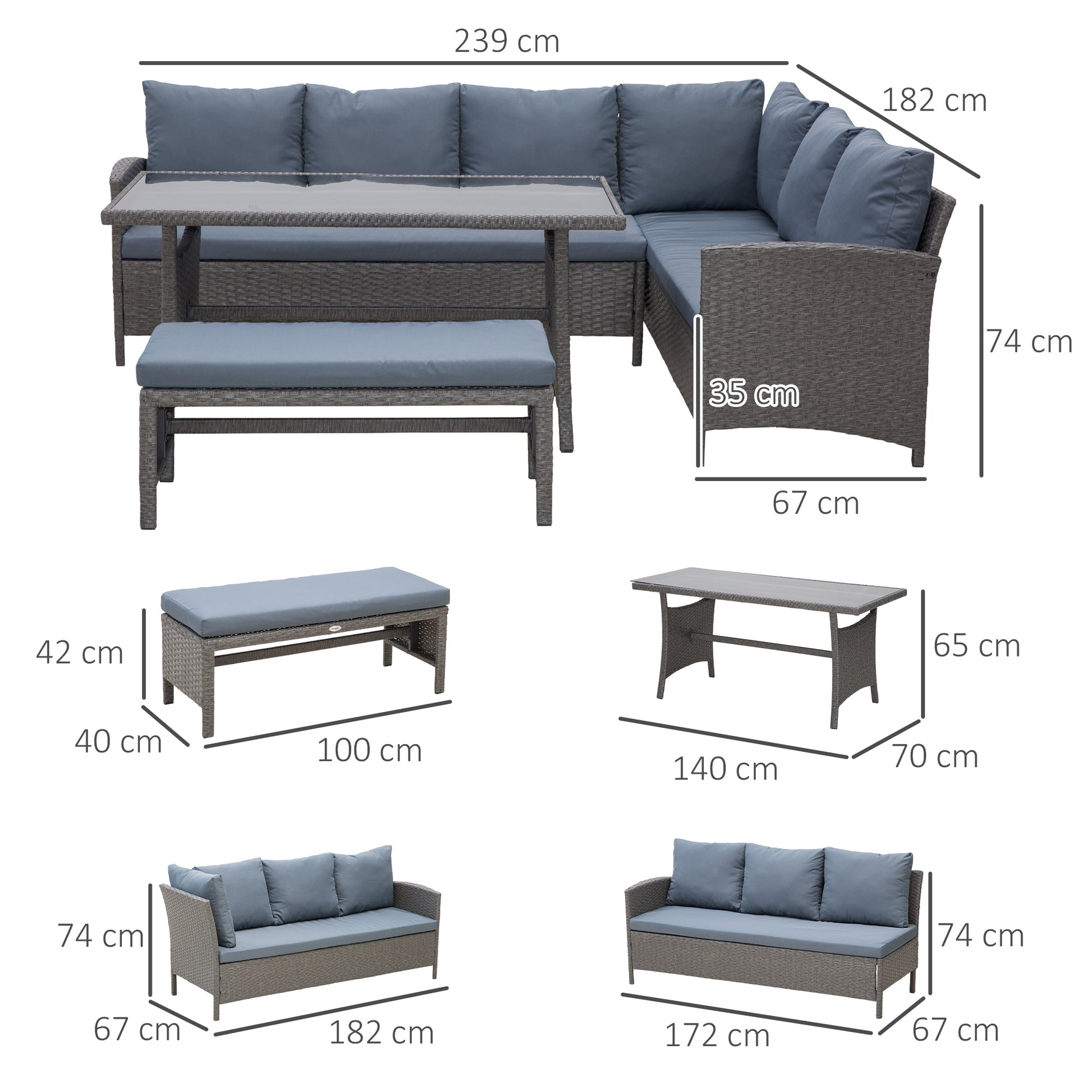Outsunny Conjunto 4 Piezas Muebles de Ratán Espacio Amplio con Cojines Acolchados para Jardín o Terraza Patio 2 Sofá 1 Mesa 1 Banco de Exterior Tubo de Hierro Vidrio Templado Gris