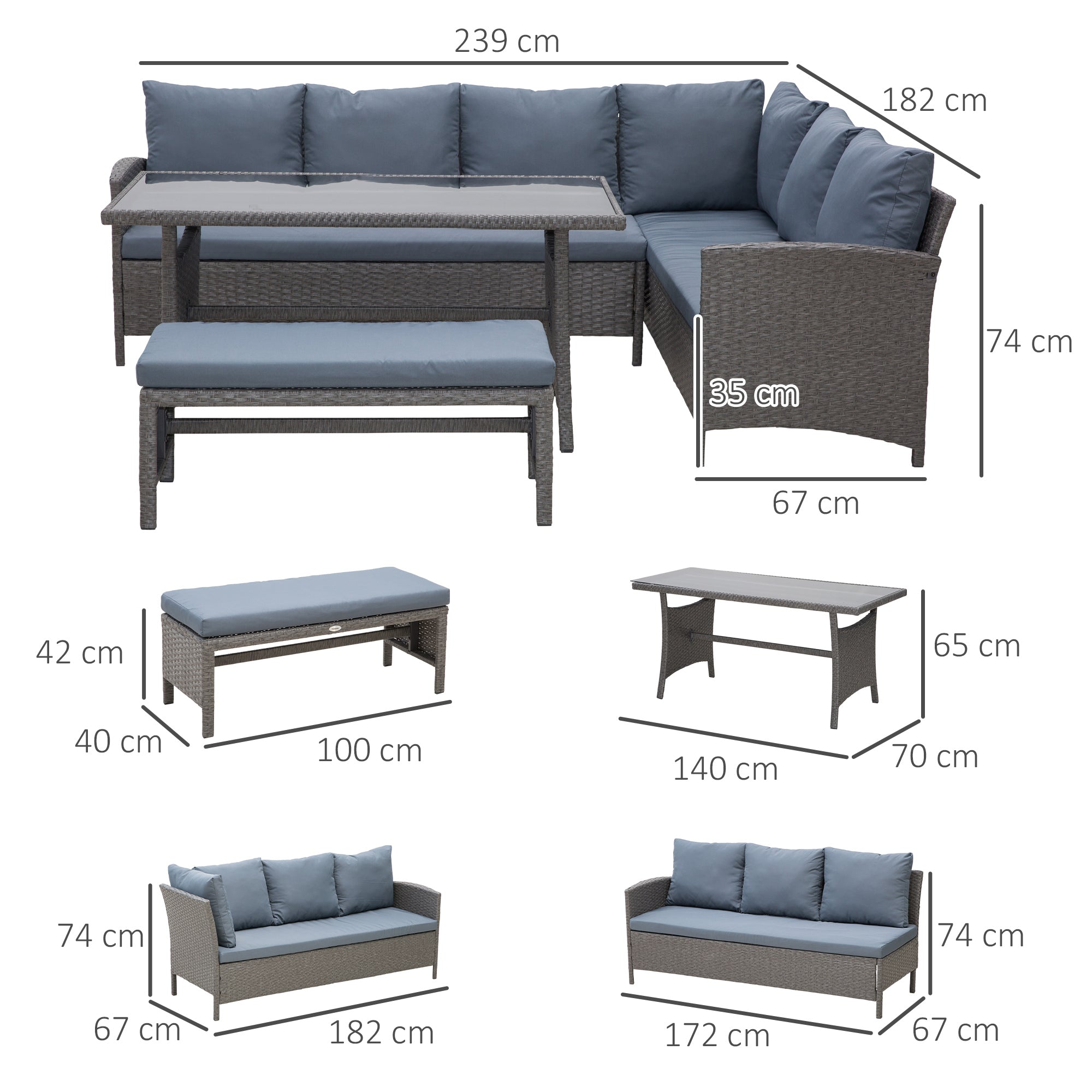 Outsunny Conjunto 4 Piezas Muebles de Ratán Espacio Amplio con Cojines Acolchados para Jardín o Terraza Patio 2 Sofá 1 Mesa 1 Banco de Exterior Tubo de Hierro Vidrio Templado Gris