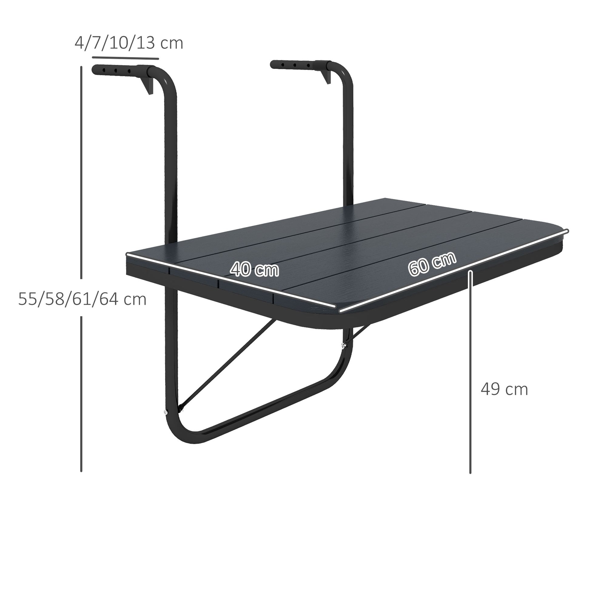 Outsunny Mesa Colgante de Balcón, Mesa Plegable para Balcón de Aluminio para Barandilla, con Altura Ajustable en 4 Niveles, Adaptable a 4 Anchos, Carga 25 kg, para Jardín, 60x40x55-64 cm, Negro