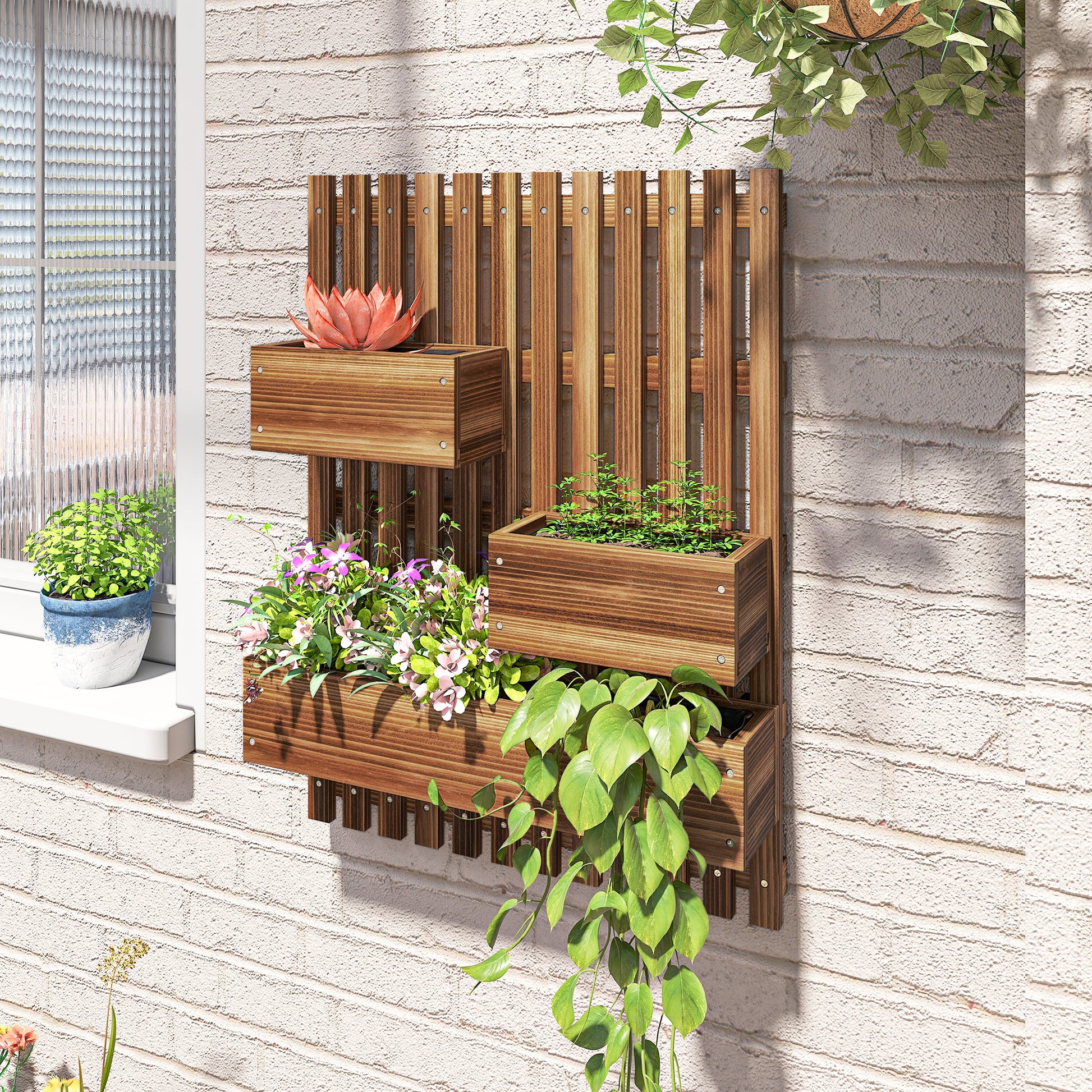 Outsunny Jardinera de Pared con Enrejado, Jardinera Exterior Grande de Madera con 3 Macetas Móviles y Orificio de Drenaje, para Exterior, Jardín, Terraza, Patio, 60x16x80 cm, Carbonizado