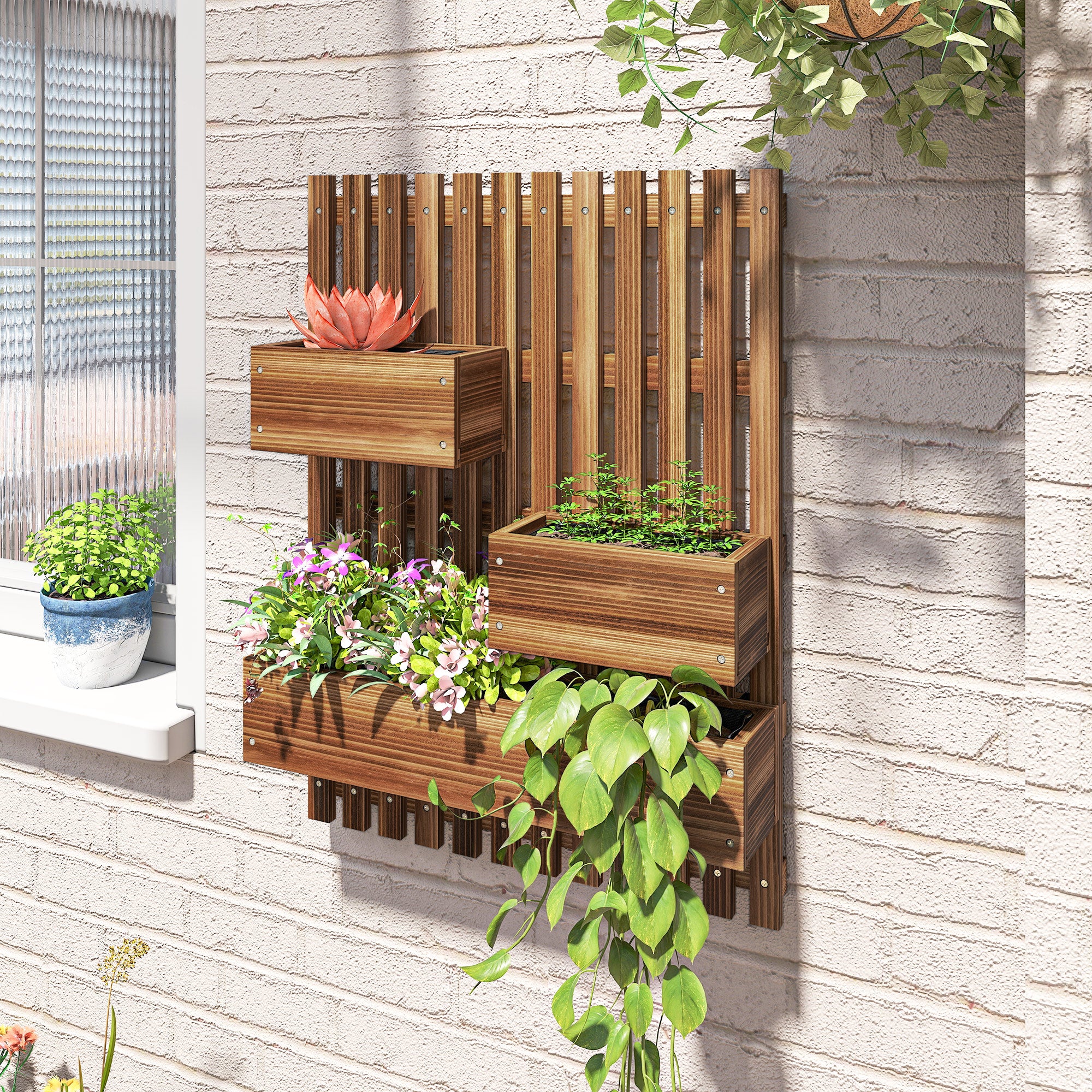 Outsunny Jardinera de Pared con Enrejado, Jardinera Exterior Grande de Madera con 3 Macetas Móviles y Orificio de Drenaje, para Exterior, Jardín, Terraza, Patio, 60x16x80 cm, Carbonizado