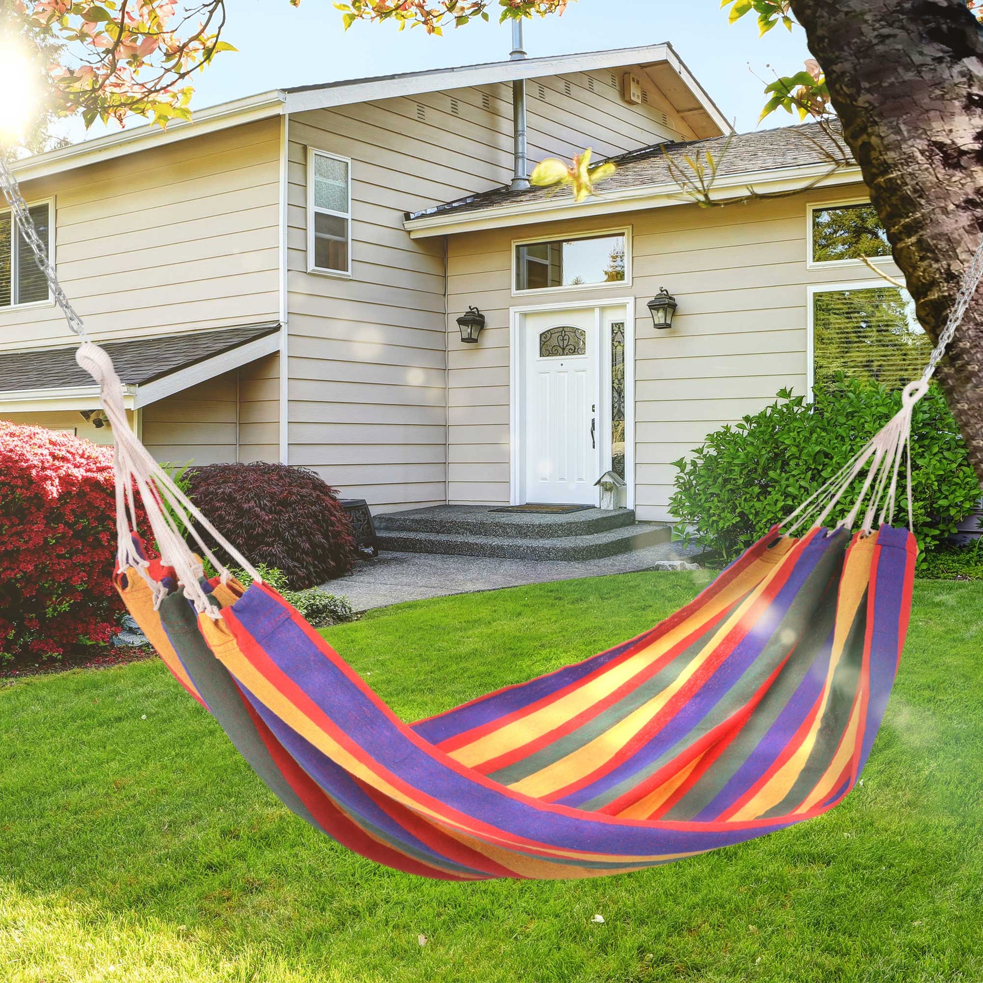 Outsunny Hamaca de Algodón para Jardín 200x100 cm Hamaca Colgante Portátil Carga Máx. 120 kg para Acampar Piscina Camping Rayas Multicolor