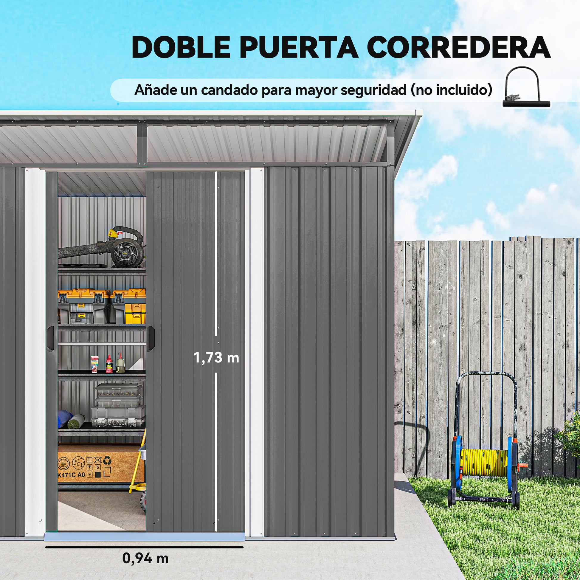 Outsunny Cobertizo de Jardín Exterior 4,5 m² 260x194x200 cm Caseta de Jardín Exterior Metálica con Paneles Frontales Transparentes y 2 Puertas Corredizas para Almacenamiento de Herramientas Gris