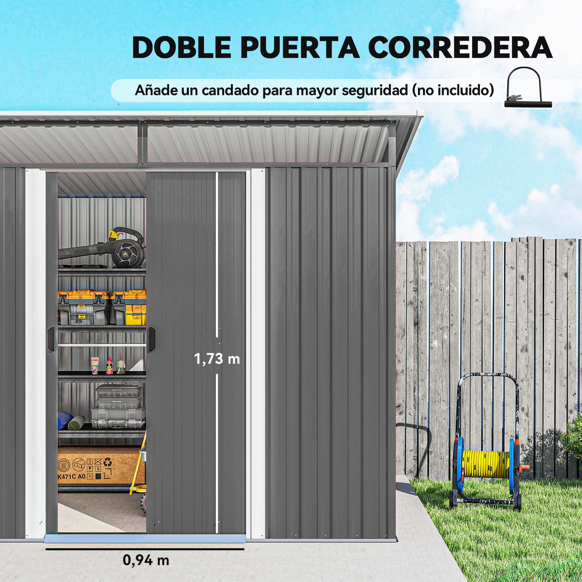 Outsunny Cobertizo de Jardín Exterior 4,5 m² 260x194x200 cm Caseta de Jardín Exterior Metálica con Paneles Frontales Transparentes y 2 Puertas Corredizas para Almacenamiento de Herramientas Gris