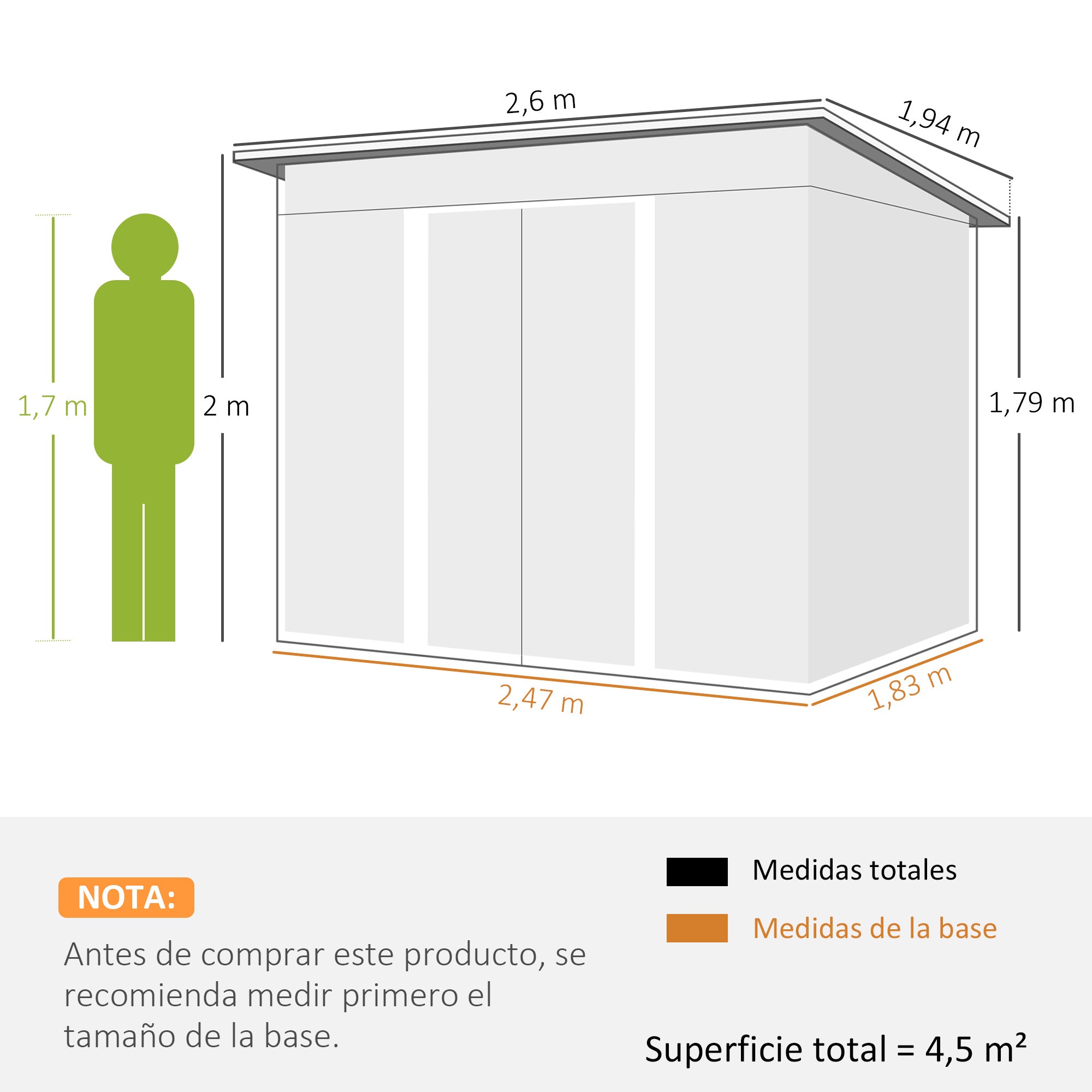 Outsunny Cobertizo de Jardín Exterior 4,5 m² 260x194x200 cm Caseta de Jardín Exterior Metálica con Paneles Frontales Transparentes y 2 Puertas Corredizas para Almacenamiento de Herramientas Gris