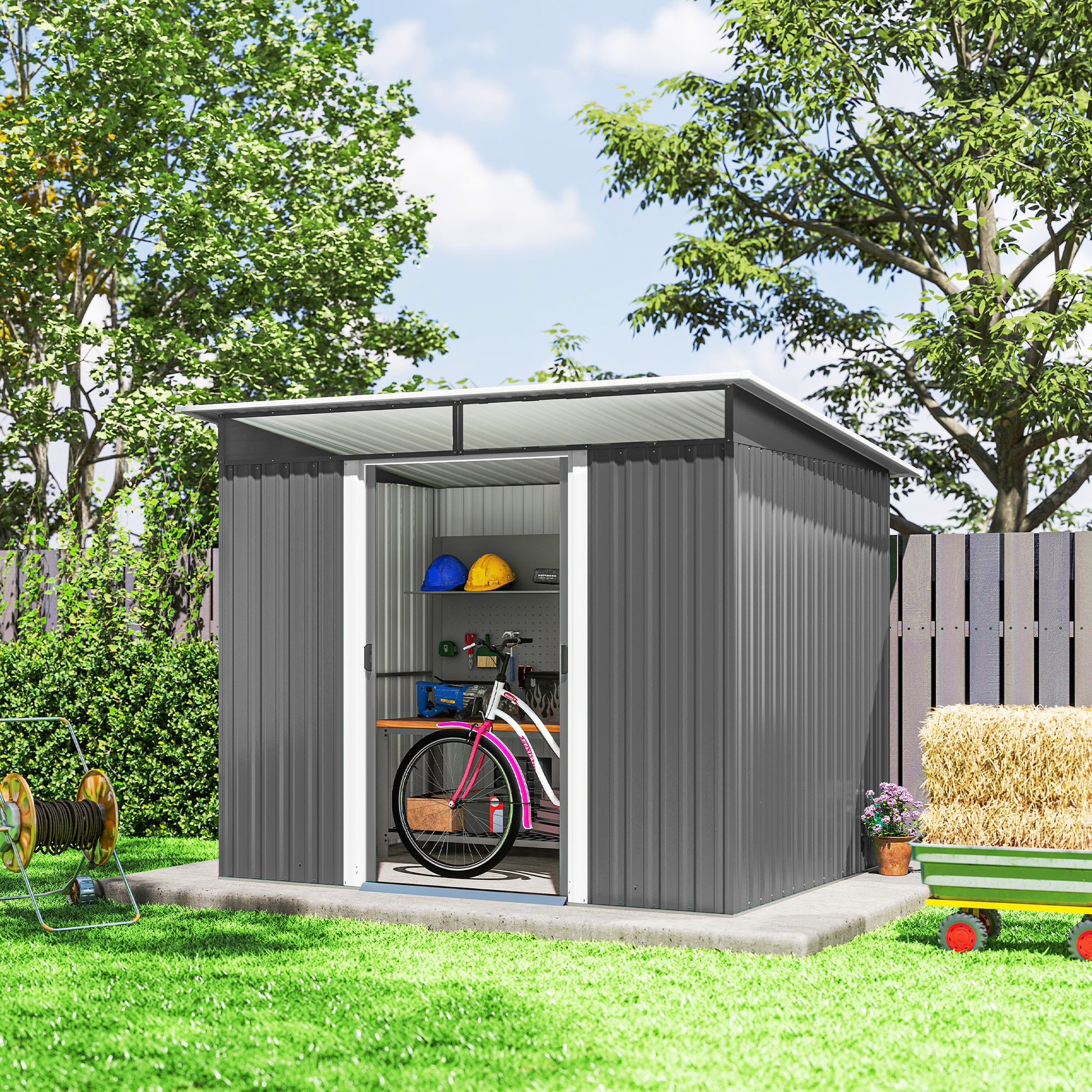 Outsunny Cobertizo de Jardín Exterior 4,5 m² 260x194x200 cm Caseta de Jardín Exterior Metálica con Paneles Frontales Transparentes y 2 Puertas Corredizas para Almacenamiento de Herramientas Gris