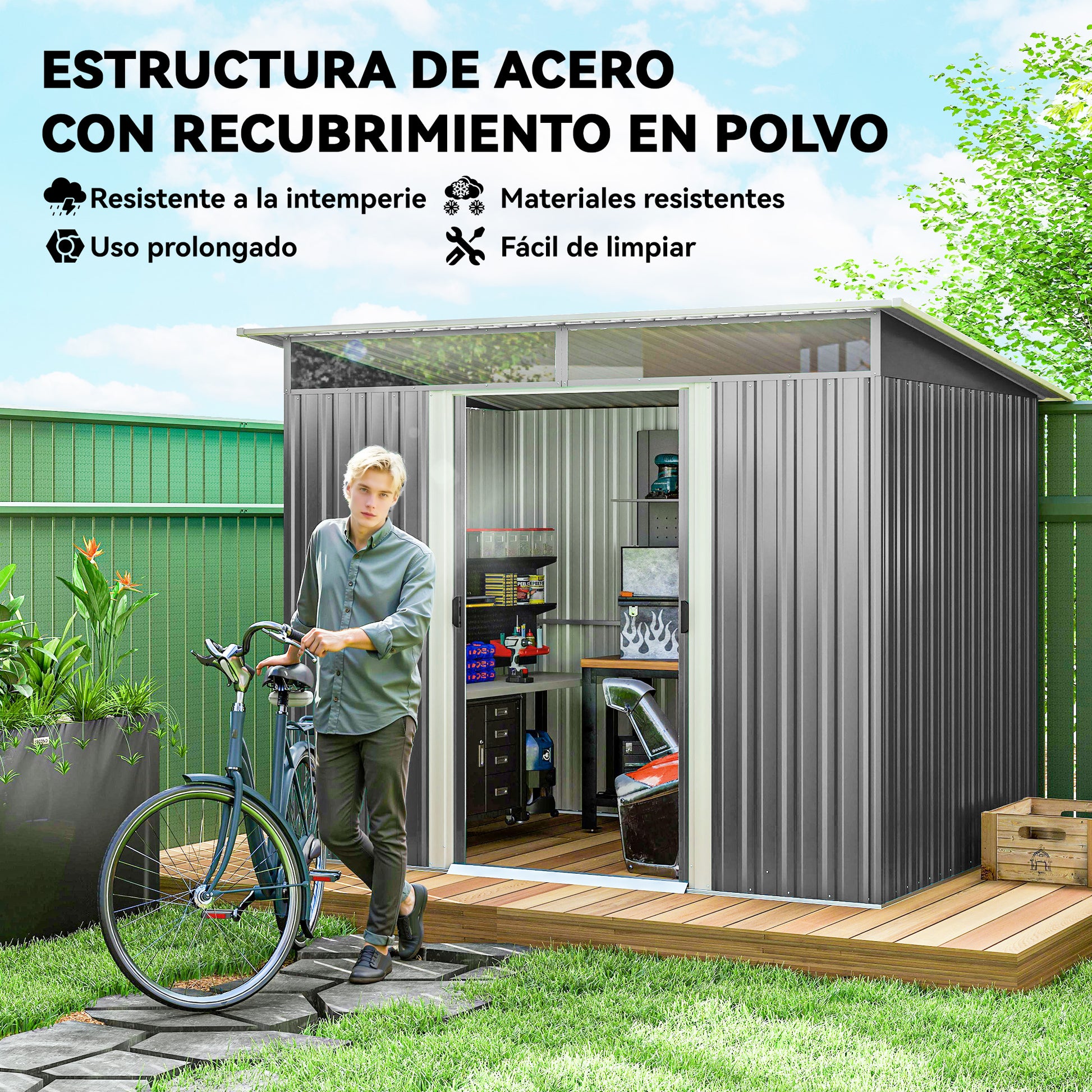 Outsunny Cobertizo de Jardín Exterior 4,5 m² 260x194x200 cm Caseta de Jardín Exterior Metálica con Paneles Frontales Transparentes y 2 Puertas Corredizas para Almacenamiento de Herramientas Gris