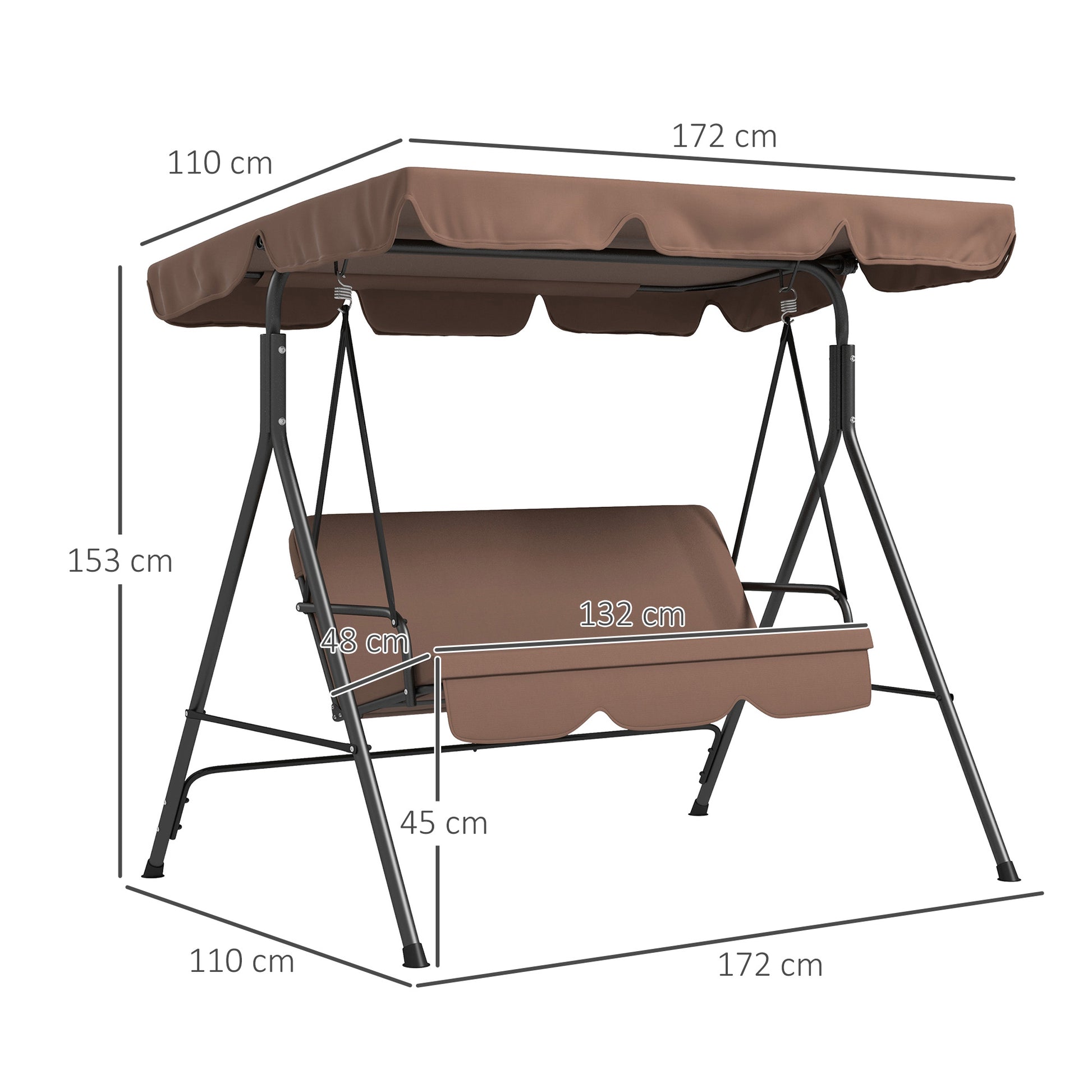 Outsunny Columpio de Jardín de 3 Plazas Balancín Exterior con Techo Ajustable y Marco de Acero para Balcón Terraza Patio Carga 200 kg 172x110x153 cm Marrón