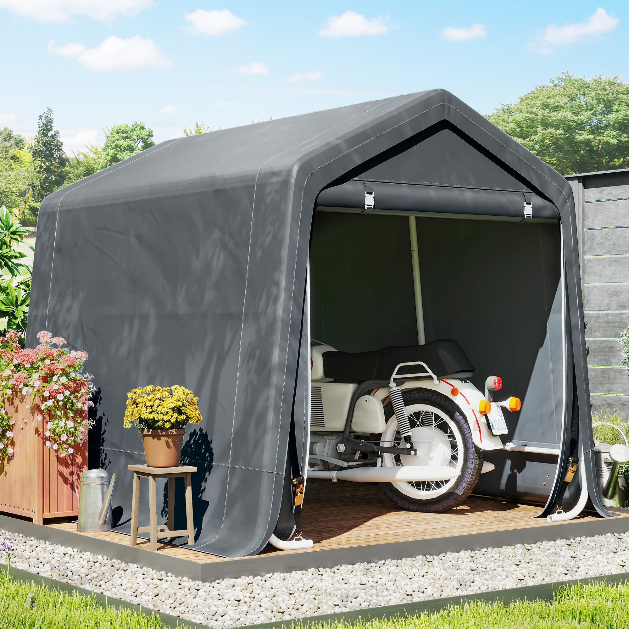 Outsunny Carpa de Jardín Exterior para Herramientas, Bicicletas, 2,4x2x2 m, Cobertizo Exterior con Marco de Metal, 2 Puertas Enrollables con Cremallera, Impermeable, Anti-UV, Garaje Portátil, Gris