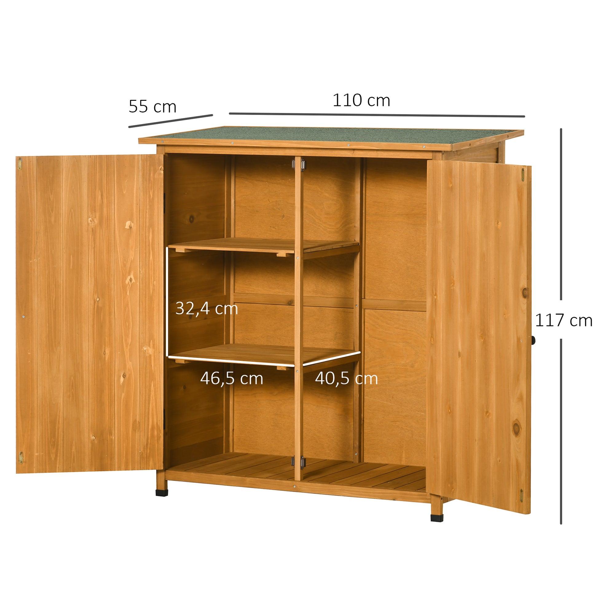 Outsunny Armario de Jardín de Madera 110x55x117 cm 0,45 m² Cobertizo para Almacenaje de Herramientas con Techo Asfáltico 3 Estantes y 2 Puertas para Exterior Terraza Natural