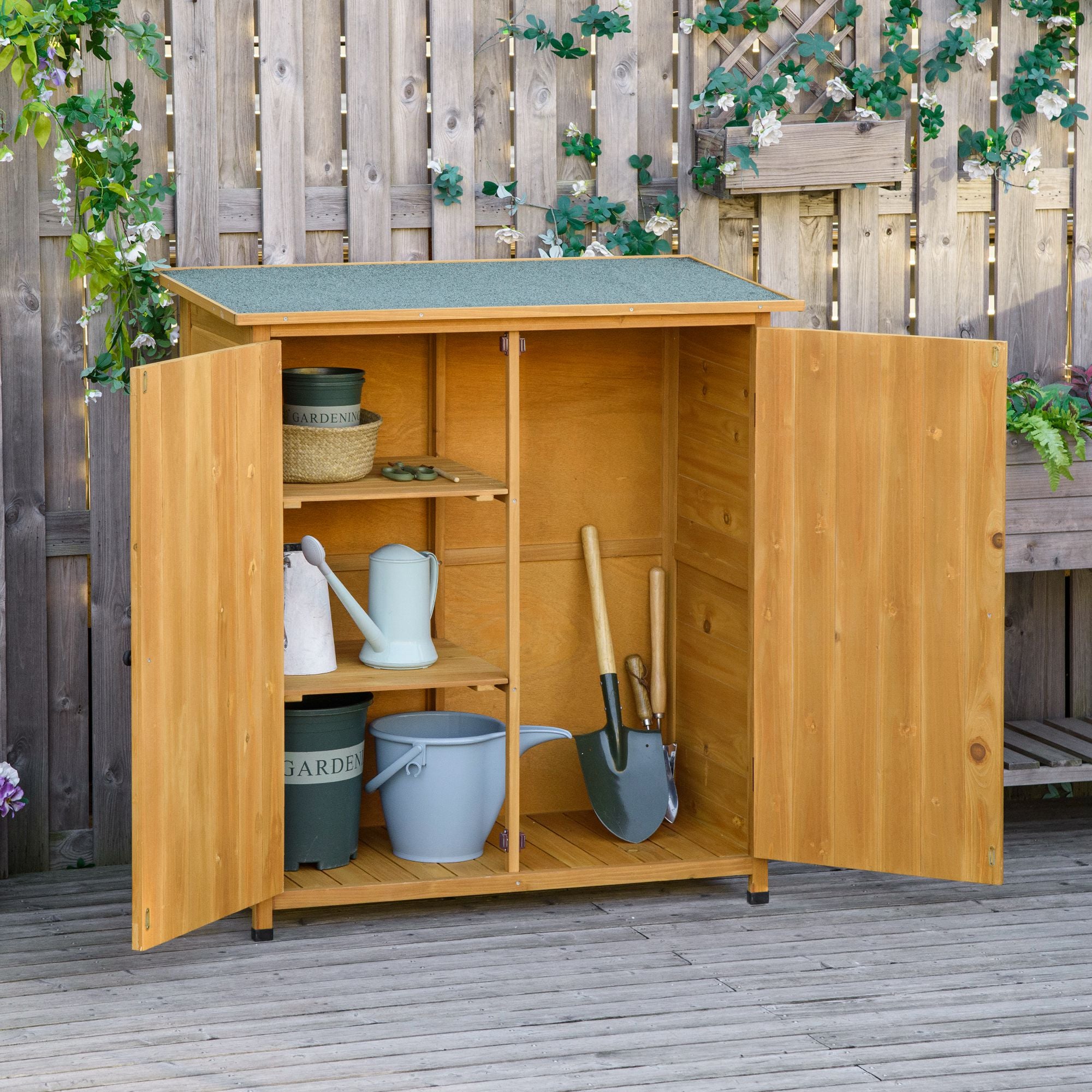 Outsunny Armario de Jardín de Madera 110x55x117 cm 0,45 m² Cobertizo para Almacenaje de Herramientas con Techo Asfáltico 3 Estantes y 2 Puertas para Exterior Terraza Natural