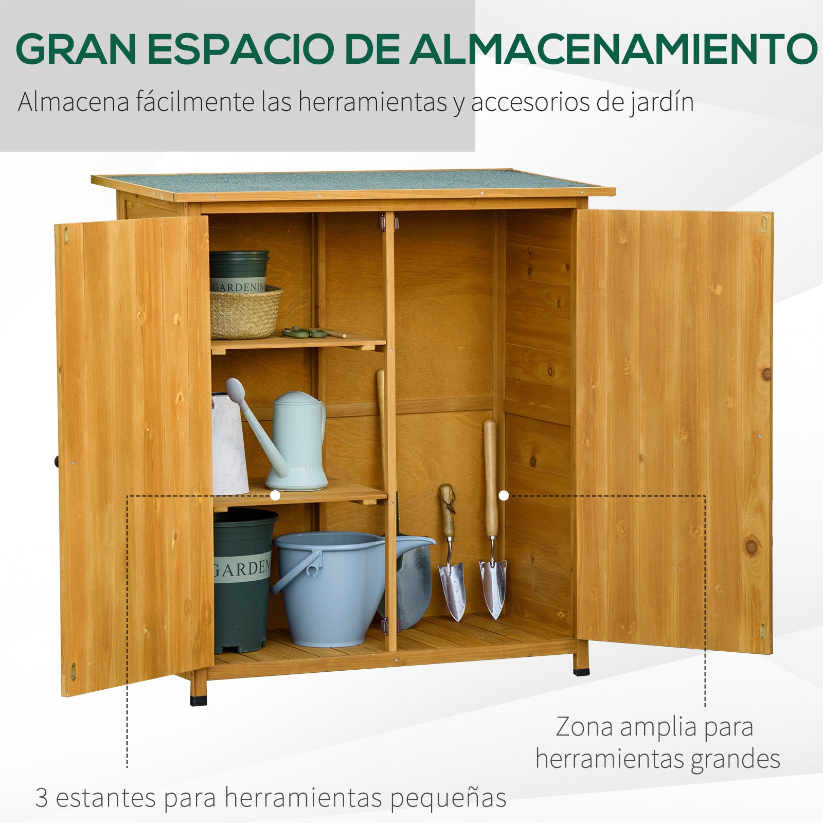 Outsunny Armario de Jardín de Madera 110x55x117 cm 0,45 m² Cobertizo para Almacenaje de Herramientas con Techo Asfáltico 3 Estantes y 2 Puertas para Exterior Terraza Natural