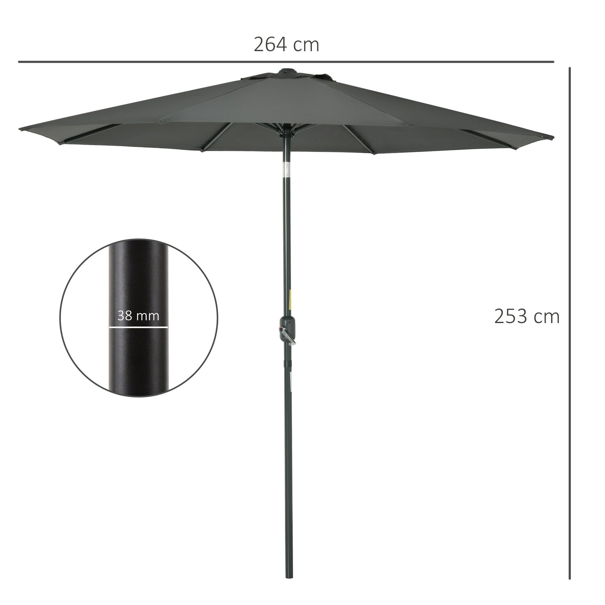 Outsunny Sombrilla de Jardín Øde Aluminio 264x253 cm Parasol de Jardín con Ángulo Ajustable Protección UV 50+ Manivela para Terraza Balcón Exterior Gris