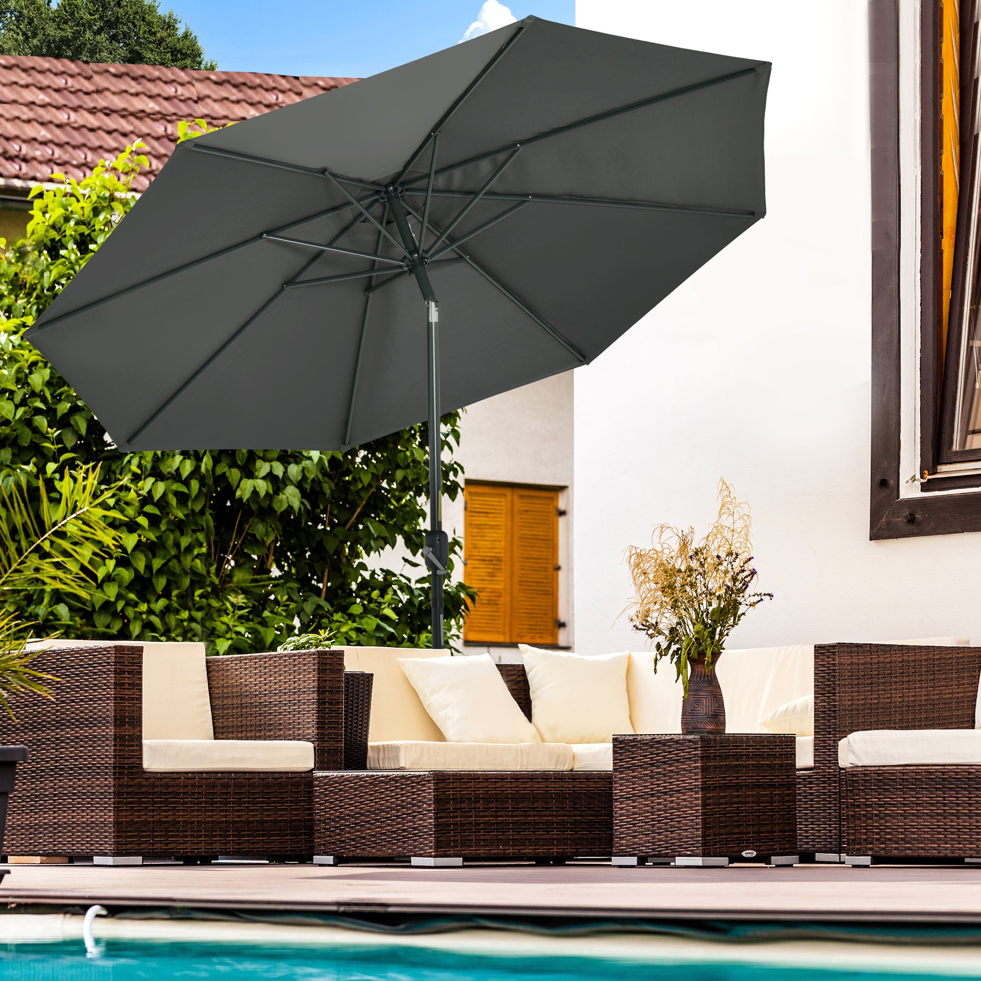 Outsunny Sombrilla de Jardín Øde Aluminio 264x253 cm Parasol de Jardín con Ángulo Ajustable Protección UV 50+ Manivela para Terraza Balcón Exterior Gris