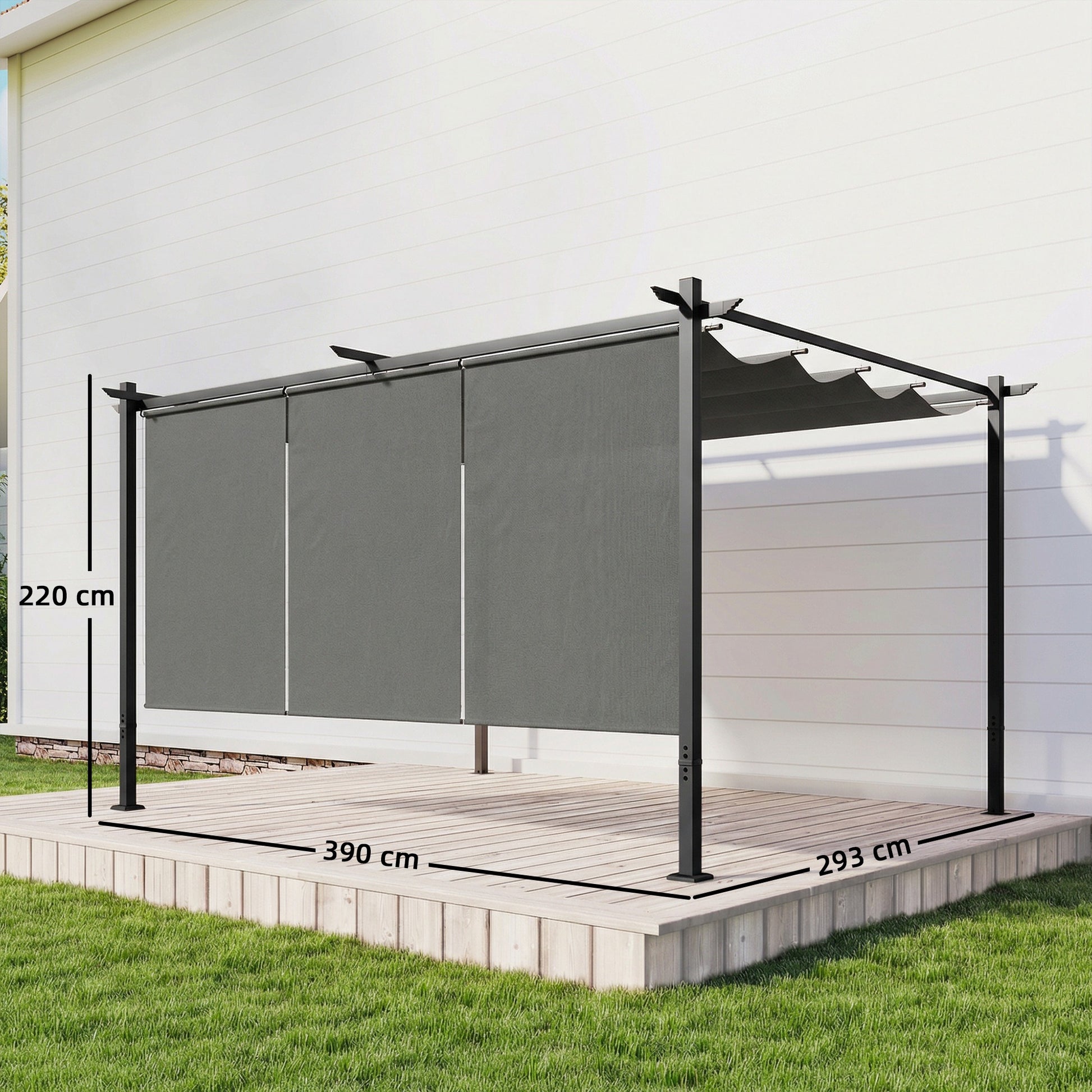 Outsunny Pérgola de Jardín 4x3 m con Techo Retráctil y 3 Laterales Enrollables, Cenador de Jardín Montado en Pared o Independiente, con UPF30+, Estructura Metálica, Pabellón para Exterior, Gris