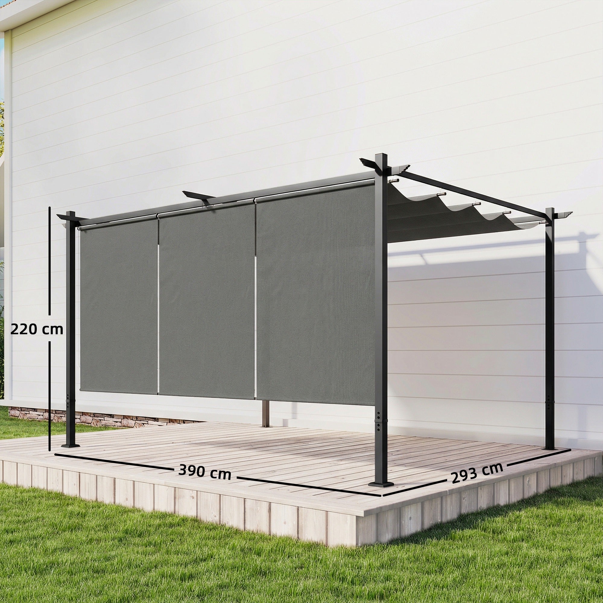 Outsunny Pérgola de Jardín 4x3 m con Techo Retráctil y 3 Laterales Enrollables, Cenador de Jardín Montado en Pared o Independiente, con UPF30+, Estructura Metálica, Pabellón para Exterior, Gris