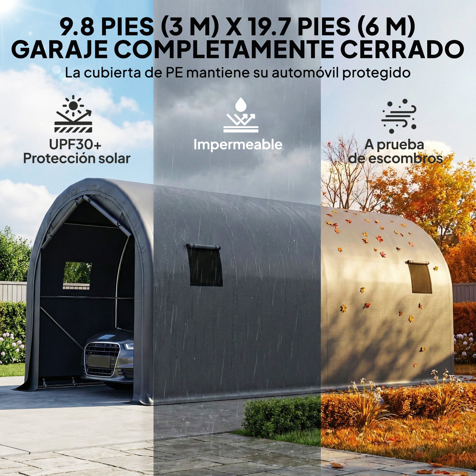 Outsunny Carpa Garaje Portátil 3x6 m, Garaje Exterior para Coche Impermeable con Puerta Enrollable con Cremalleras y 4 Ventanas, Marco Metal Galvanizado, UPF 30+, Cobertizo de Almacenamiento, Gris