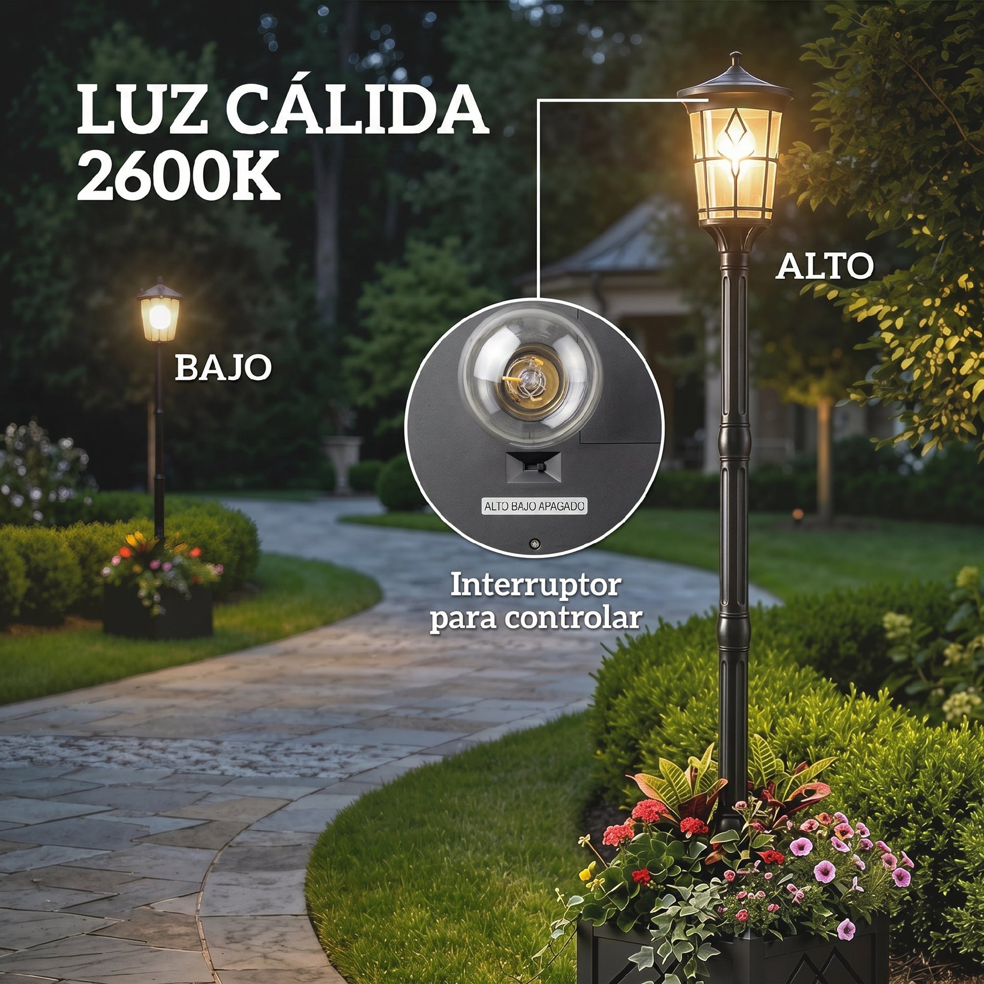 Outsunny Farola Solar Exterior de Jardín con Macetero, Luz Solar de Exterior LED, 2 Modos de Brillo 100/50 lm, Impermeable IP44, Encendido/Apagado Automático, para Terraza, Patio, 41,5x41,5x202,5 cm